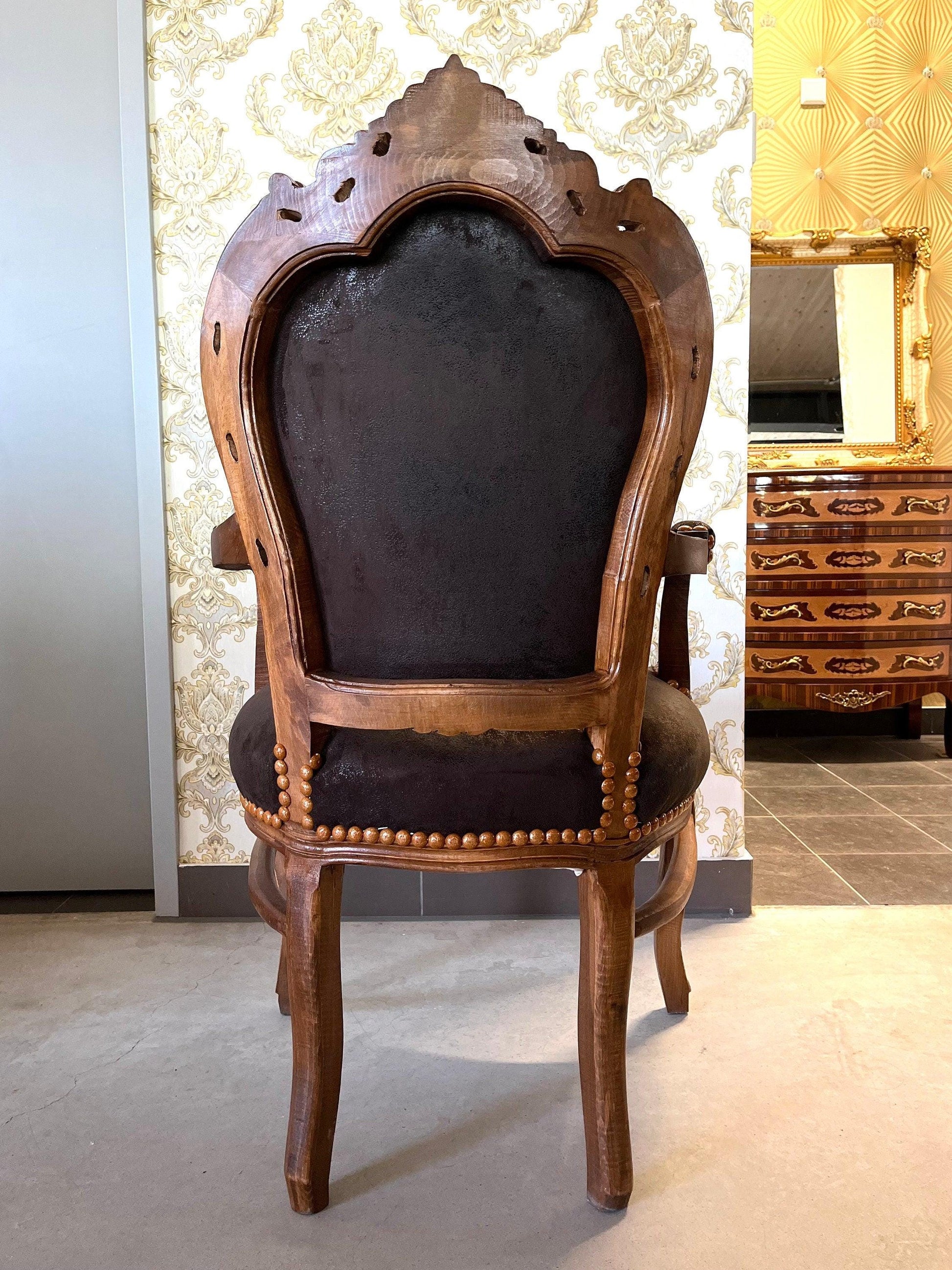 Armchair French Louis Style Brown Color Leather Like Chair Baroque Rococo Style Armchair Antique Style Reproduction Armchair in Brown Color