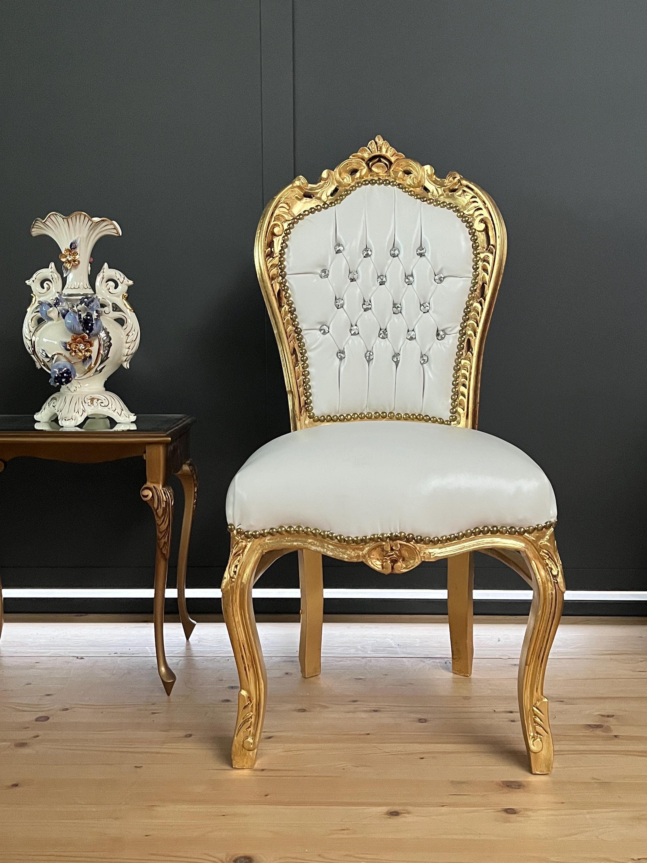 Accent Chair White Faux Leather French Rococo Chair for Dining Room Antique Style White Dining Chair in Gold Finish for Wedding Party Event