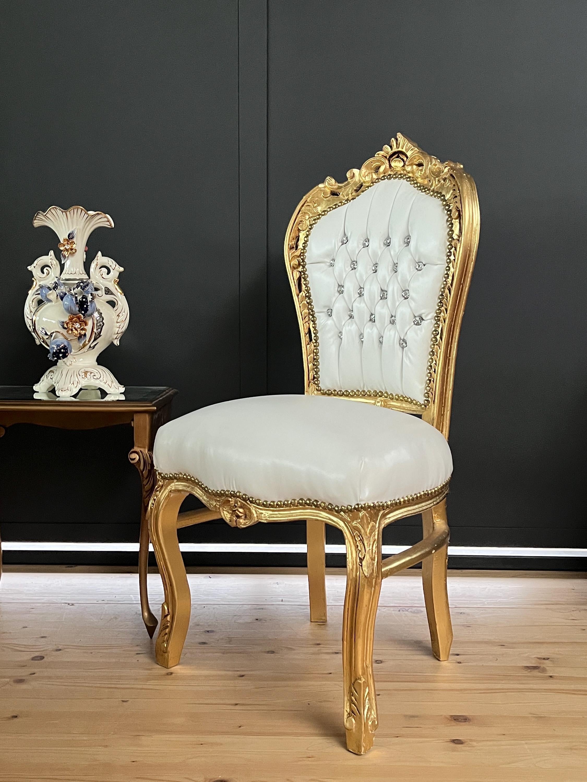 Accent Chair White Faux Leather French Rococo Chair for Dining Room Antique Style White Dining Chair in Gold Finish for Wedding Party Event