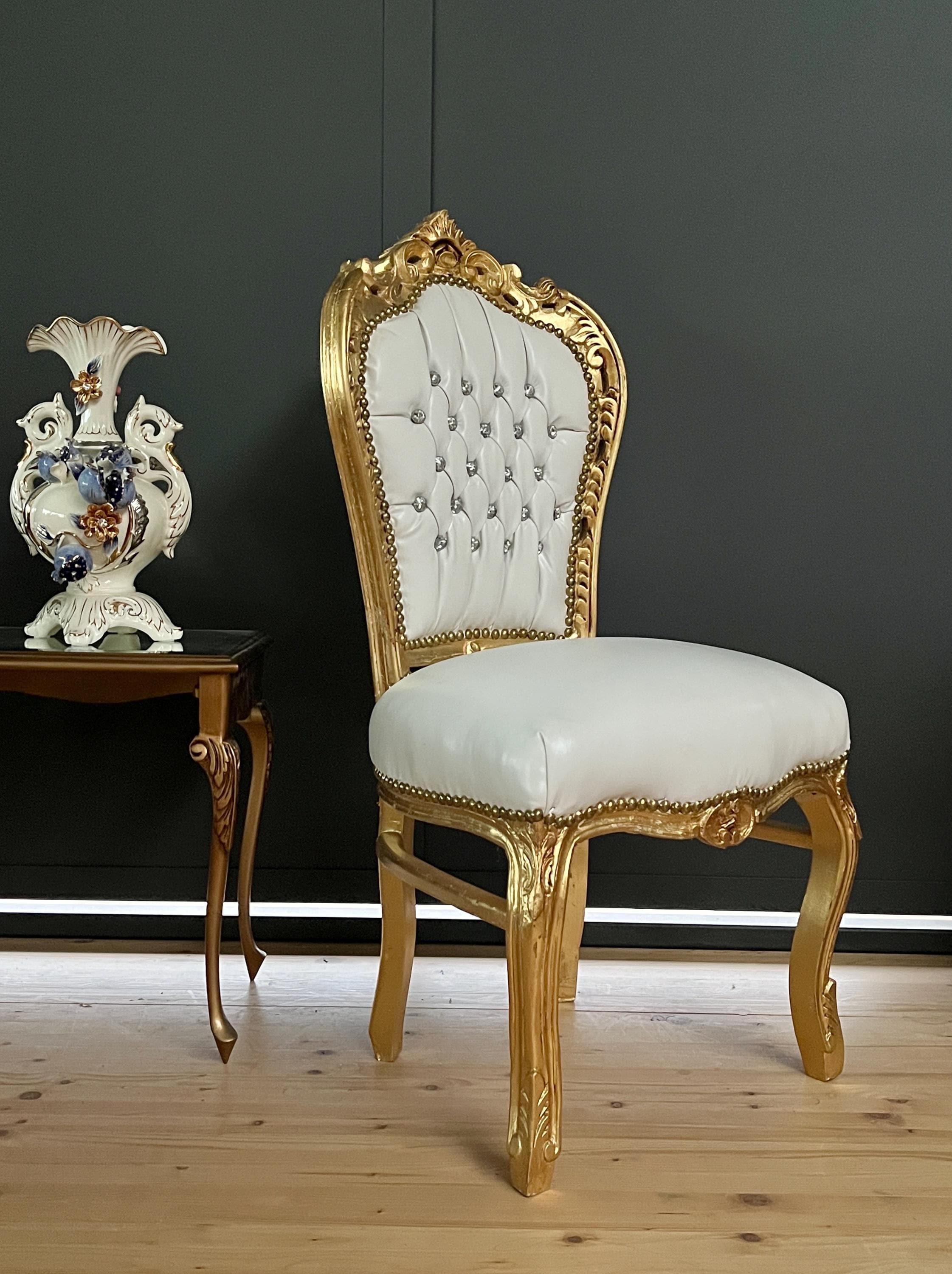 Accent Chair White Faux Leather French Rococo Chair for Dining Room Antique Style White Dining Chair in Gold Finish for Wedding Party Event