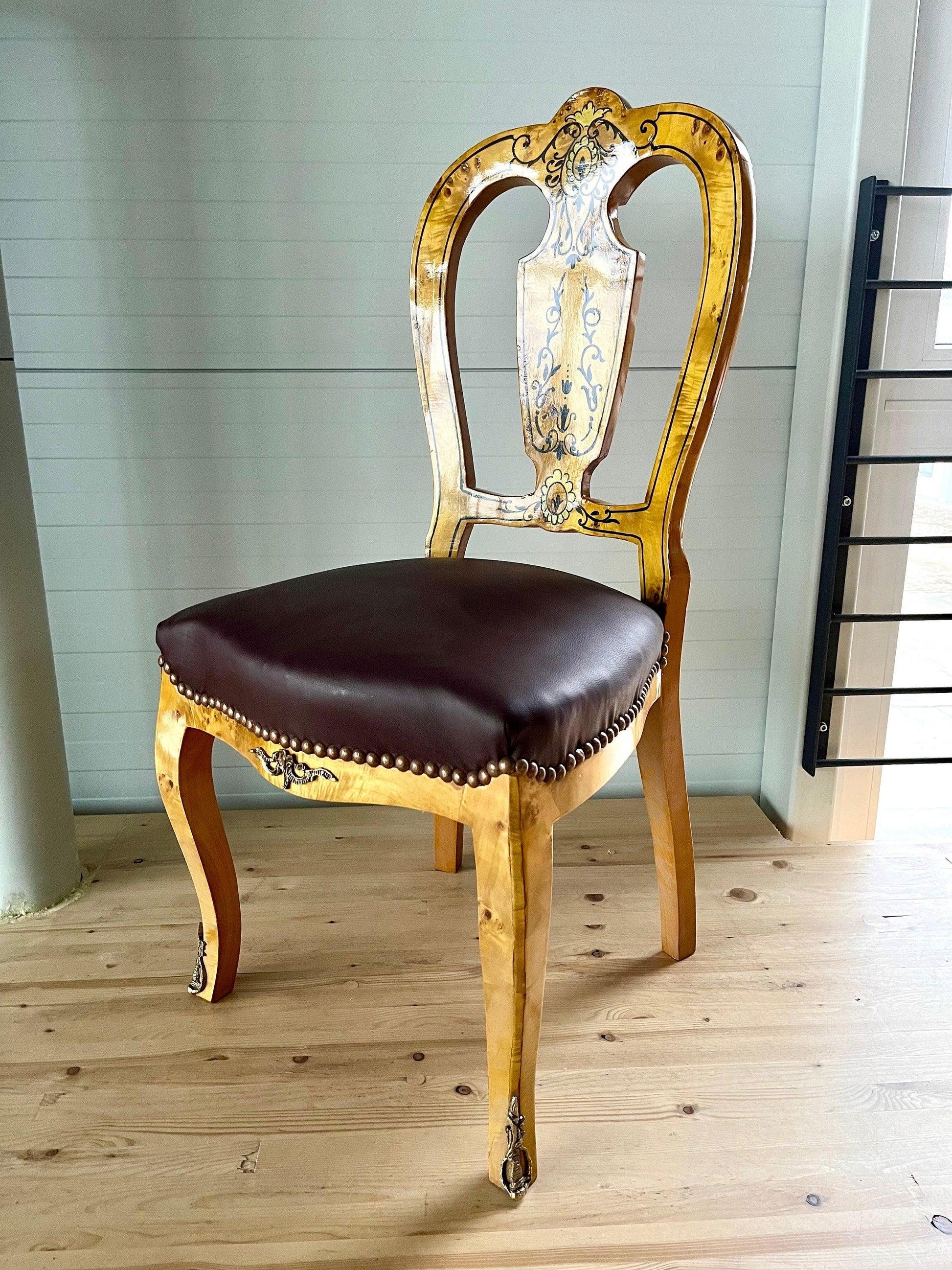 Dining Chair Retro Baroque Style Home Decor Chair in Yellow Frame & Brown Seat Italian Antique Style