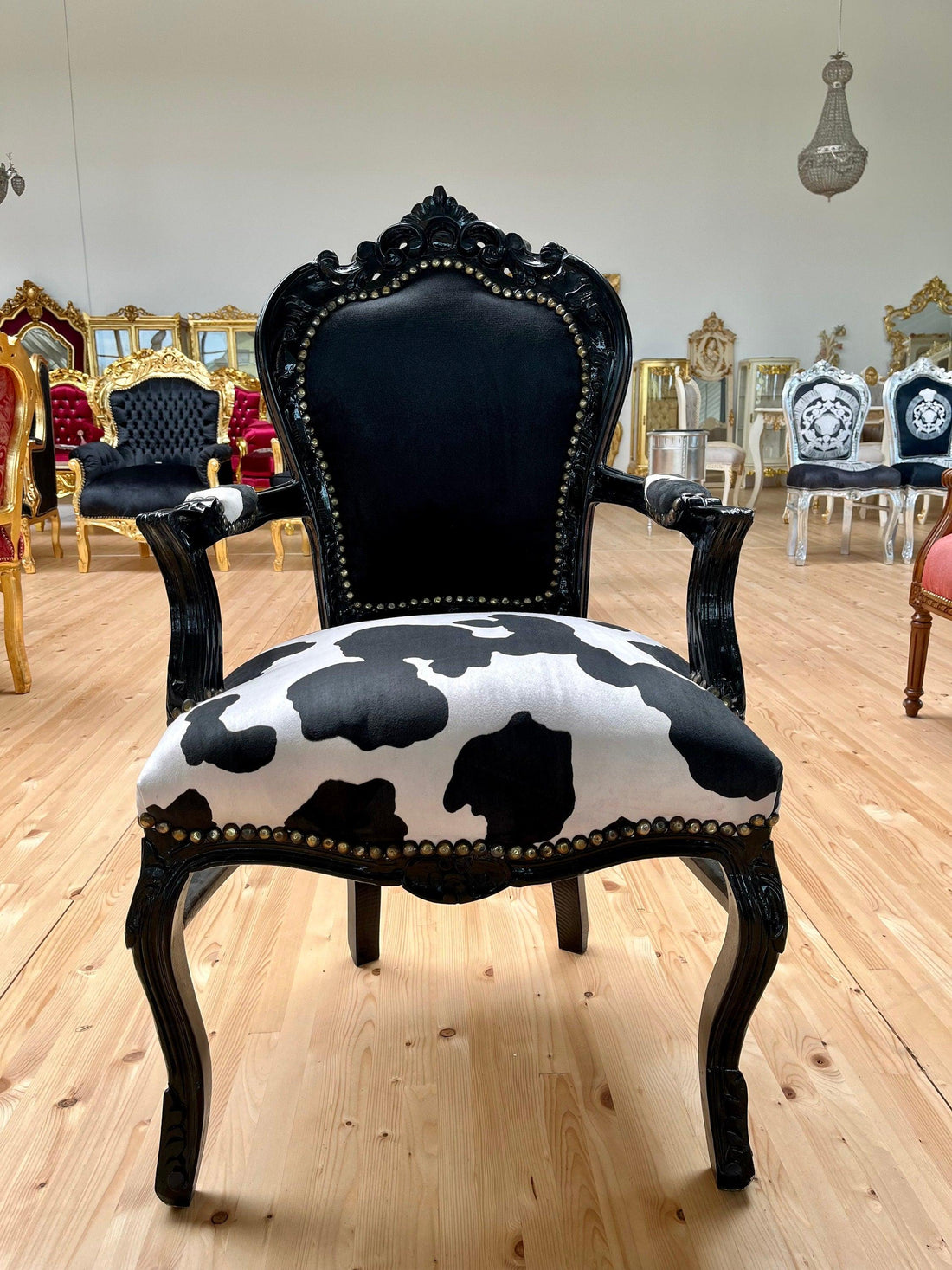Armchair Louis XV Black Velvet Chair French Baroque Armchair in Animal Print For Lounge Room Chair Dairy Cow Print Black Armchair Home Decor