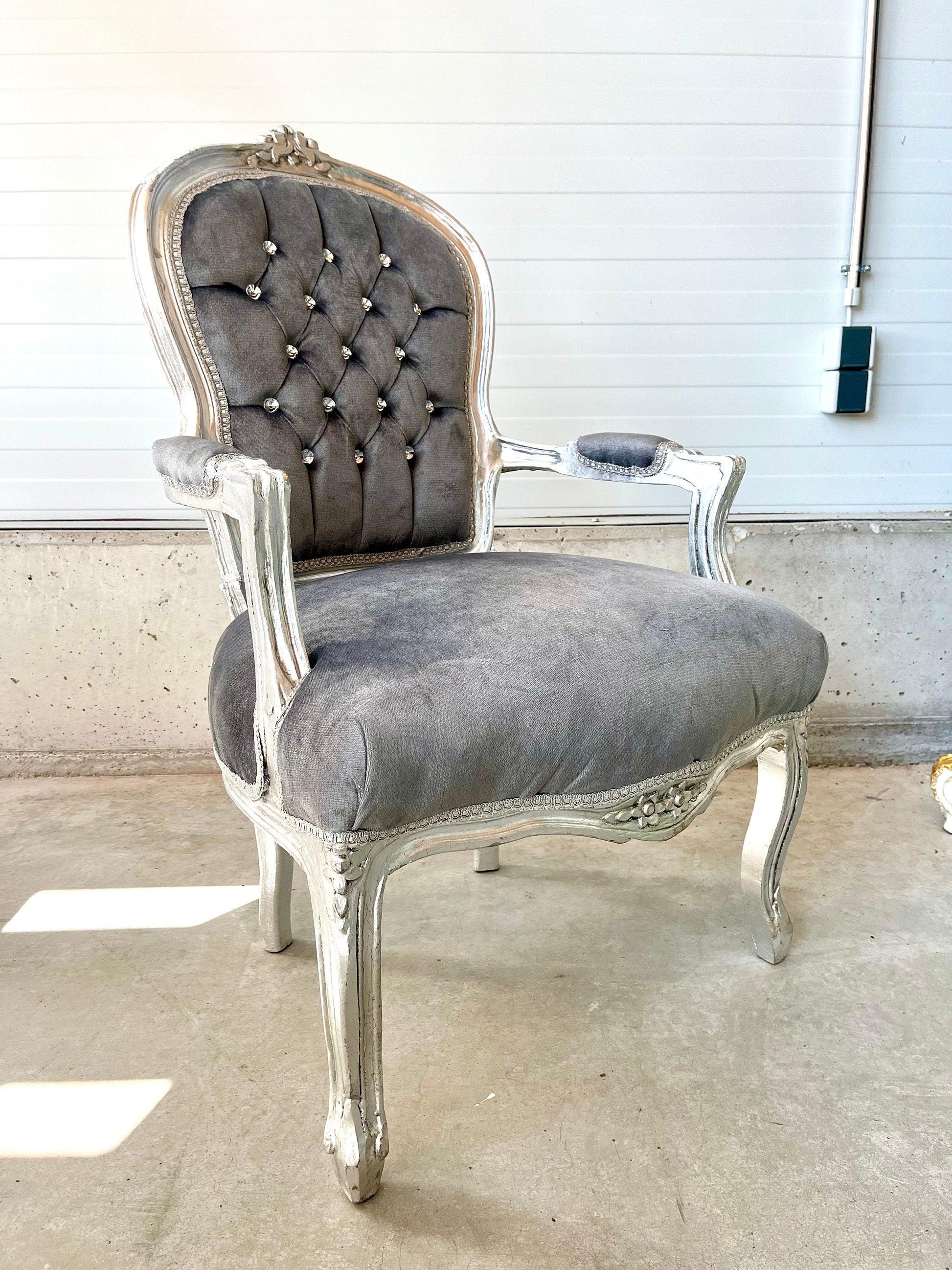 Armchair French Louis Style Grey Velvet Chair Antique Style Silver Finish Baroque Rococo Style Armchair for Home