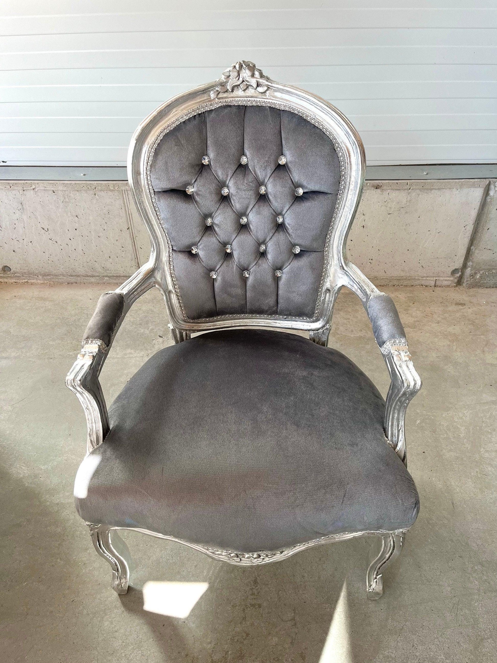 Armchair French Louis Style Grey Velvet Chair Antique Style Silver Finish Baroque Rococo Style Armchair for Home