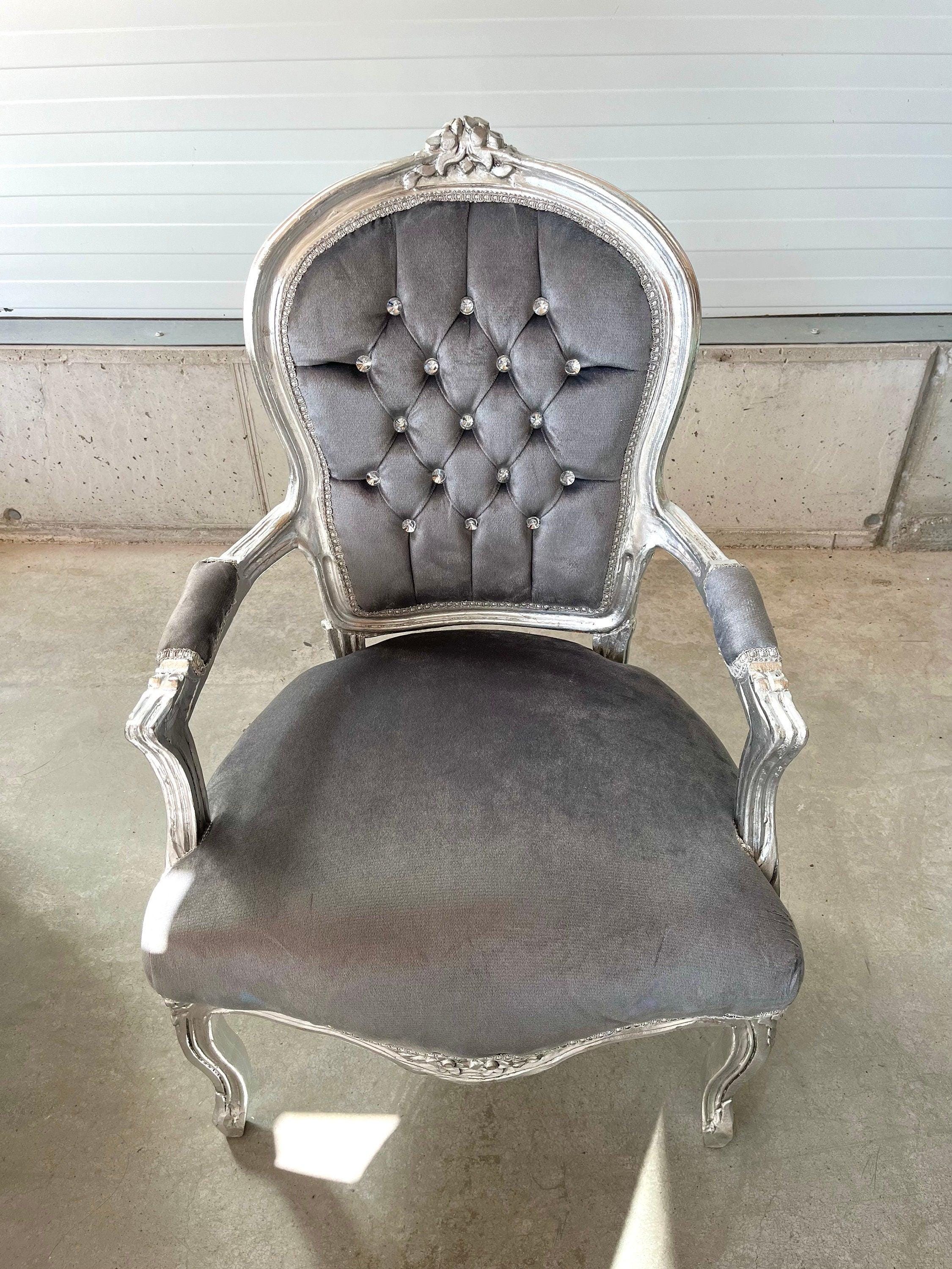 Armchair French Louis Style Grey Velvet Chair Antique Style Silver Finish Baroque Rococo Style Armchair for Home