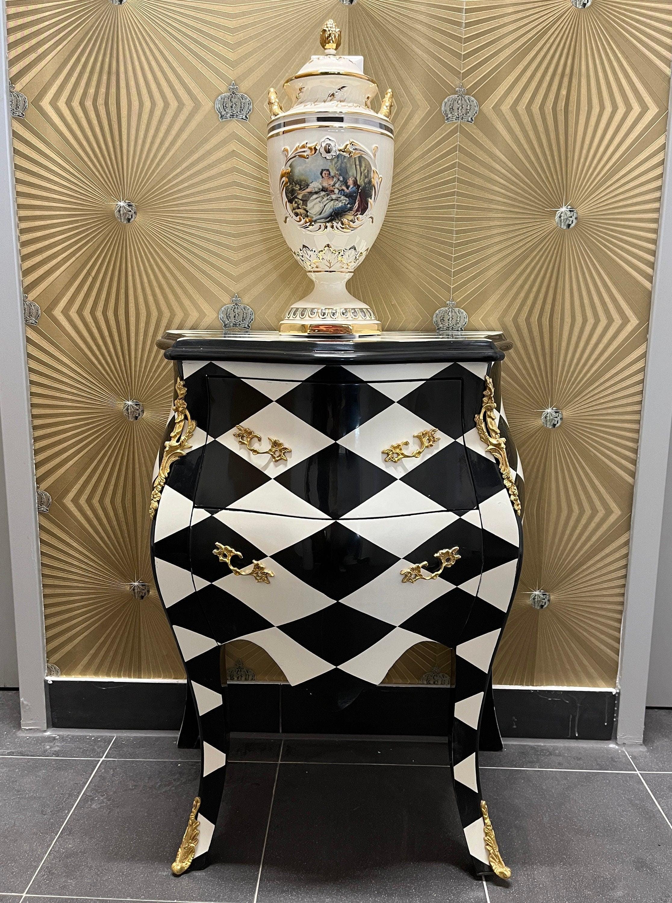 Night Stand Deluxe French Louis Baroque Style Chest of drawer in Black Diamond Print Bronze Handle Home Decor Bedside Table for Bedroom Deco