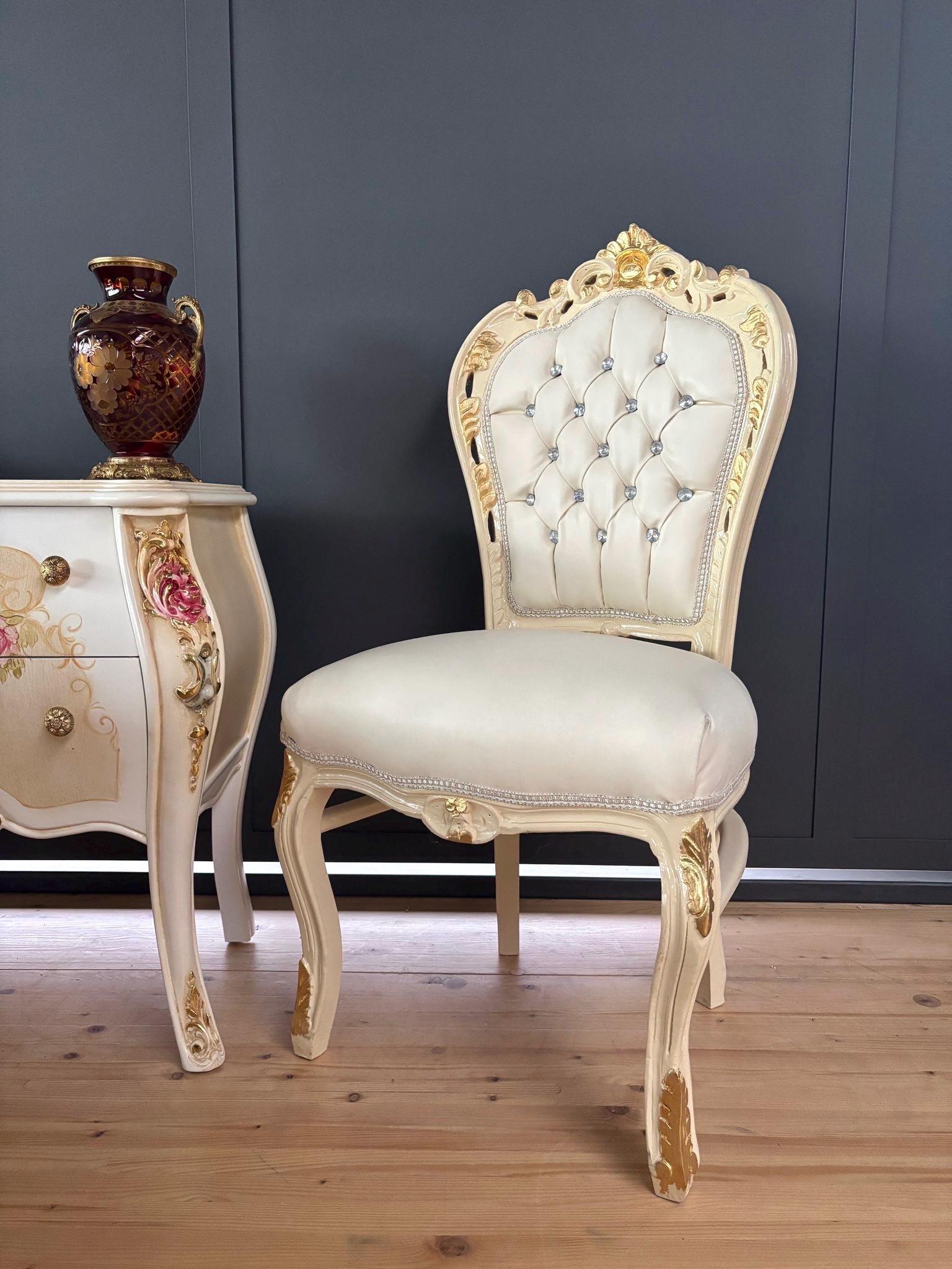 Accent Chair French Louis XV Style Dining Chair in Solid Wood Retro Baroque Antique Style Reproduction in Ivory Faux Leather for Home Decor