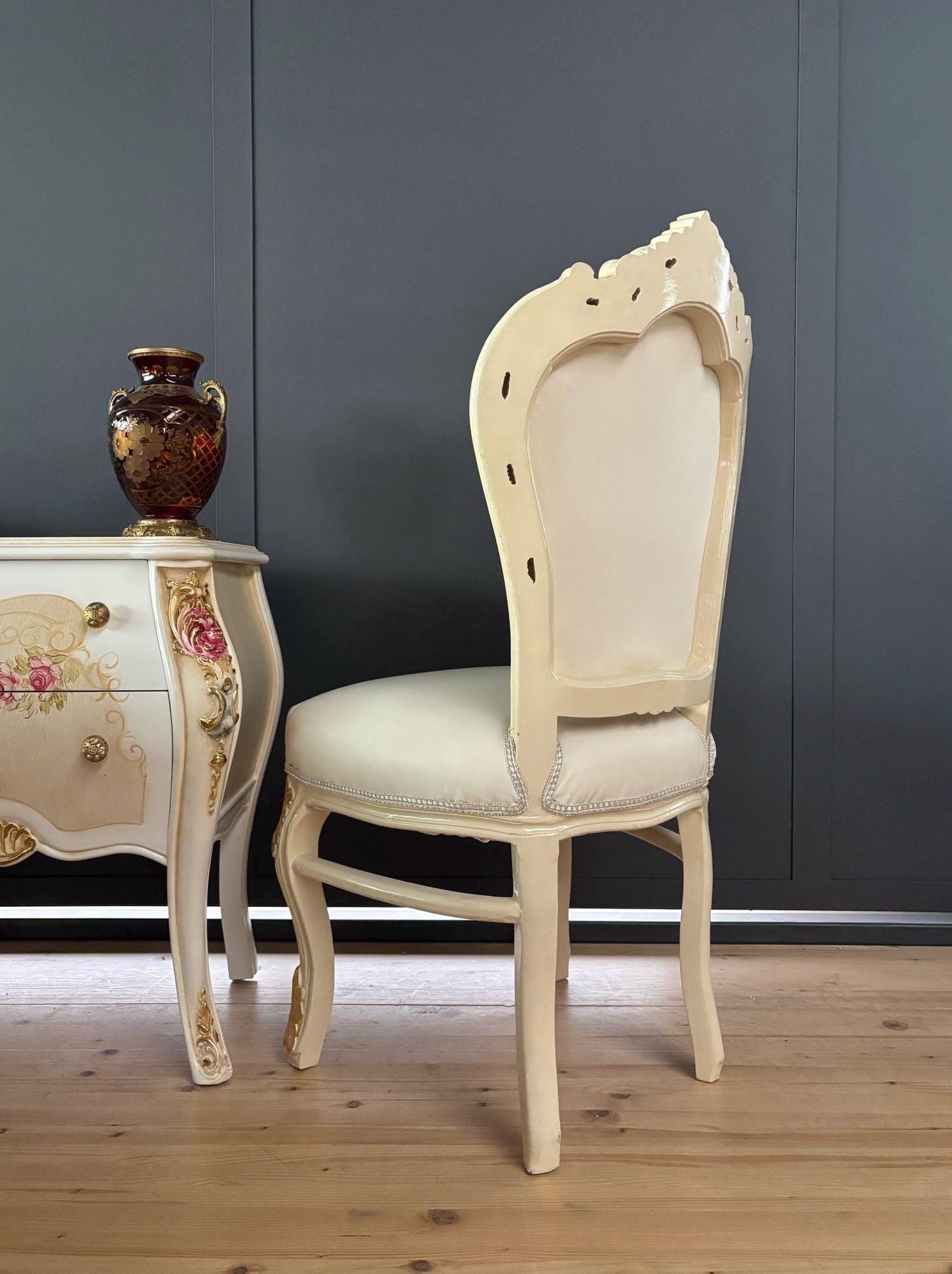 Accent Chair French Louis XV Style Dining Chair in Solid Wood Retro Baroque Antique Style Reproduction in Ivory Faux Leather for Home Decor