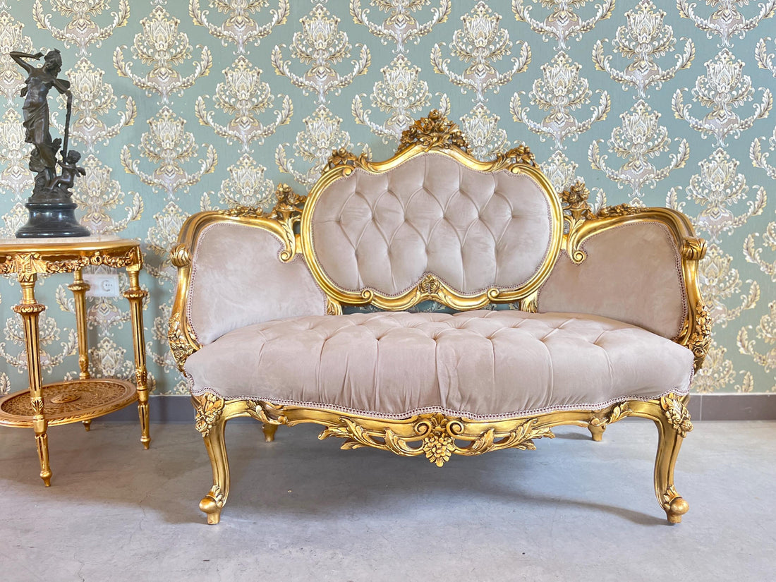 Love Seat French Royal Baroque Style 2-Seater in Cappuccino Color Velvet Nostalgic Antique Style Bench for Lounge Room Home Decor