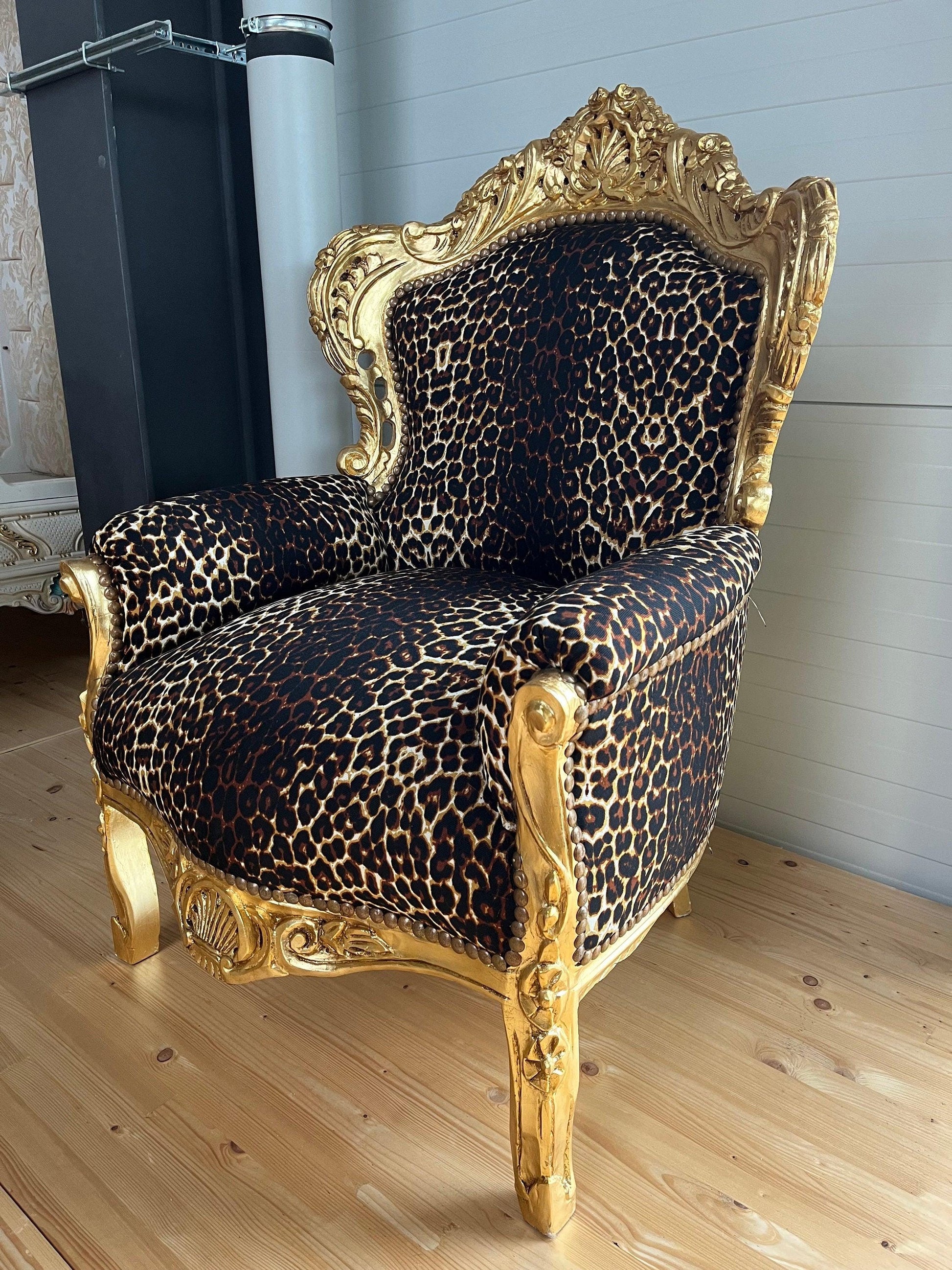 Armchair French Baroque Rococo Style Wooden Sofa Chair Antique Style in Leopard Brown for Living Room Home Decor
