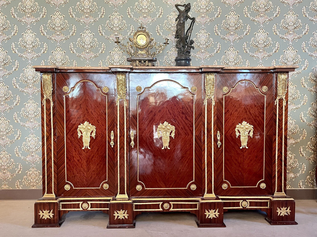 Deluxe Wooden Cabinet Antique Baroque Style with Camel Color Marble Top & Bronze Ornaments Huge Cupboard for Home Decor or Lodge Hotel Decor