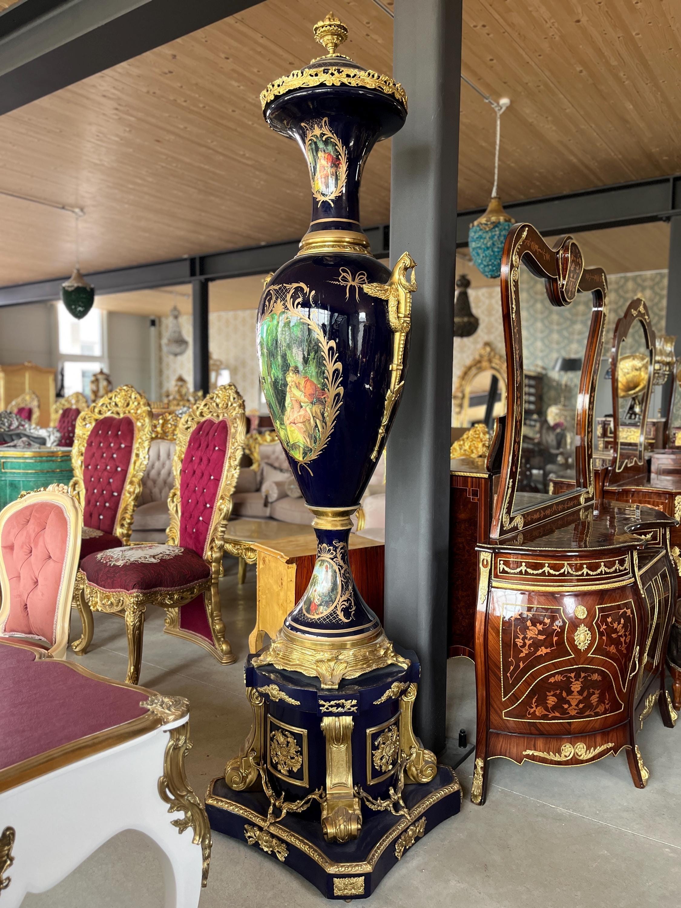 Huge Porcelain Vase Ormolu Mounted Sèvres Style Reproduction Giant Blue Porcelain Vase Stand for Commercial Display for Hotel Decoration