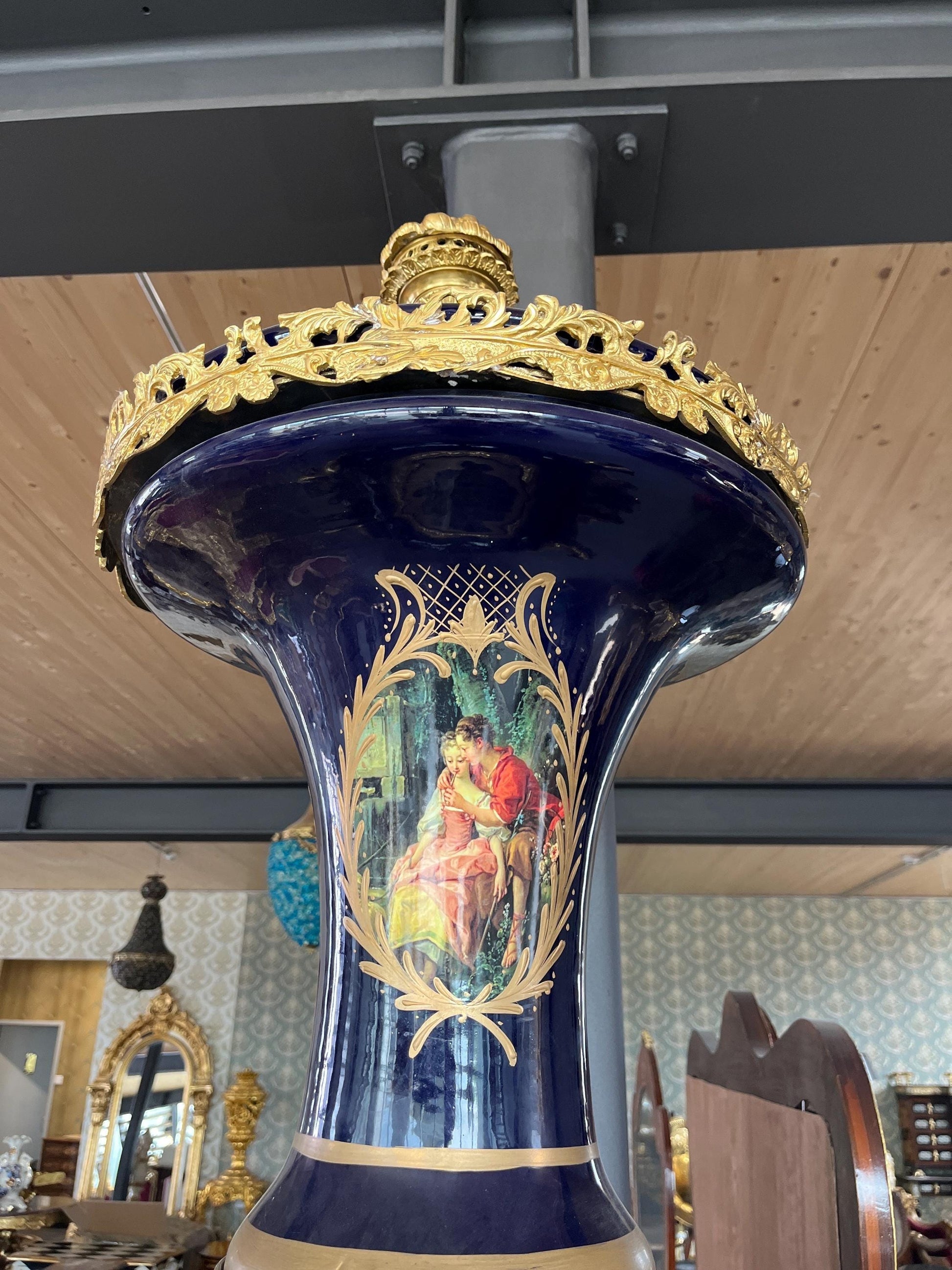 Huge Porcelain Vase Ormolu Mounted Sèvres Style Reproduction Giant Blue Porcelain Vase Stand for Commercial Display for Hotel Decoration