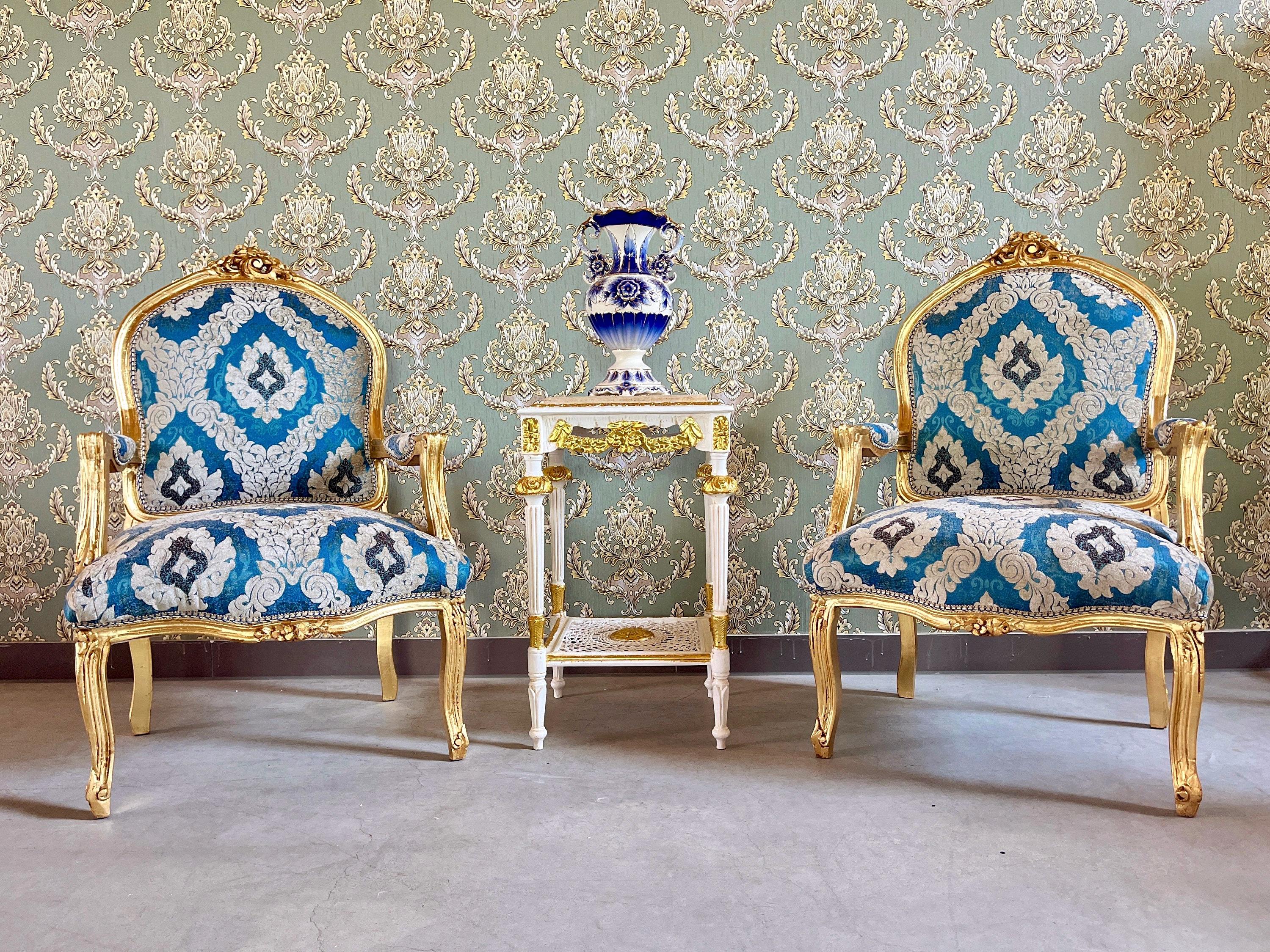 Armchairs French Louis Style in Blue Damask Retro Baroque Rococo Style Armchair Lounge Chair for Home Decor