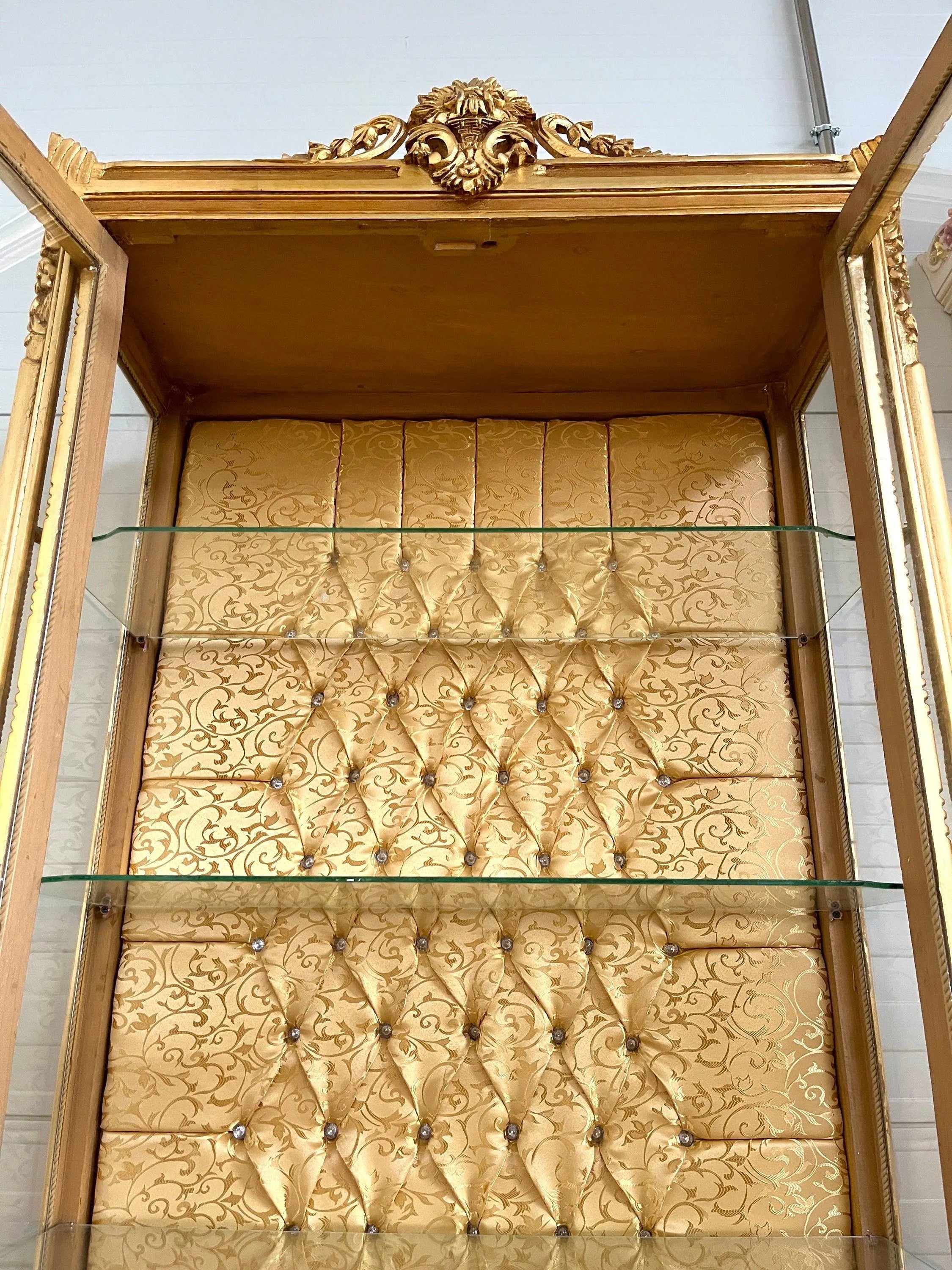 French Louis Style Display Glass Cabinet Gold Finish Hand-Carved Wood