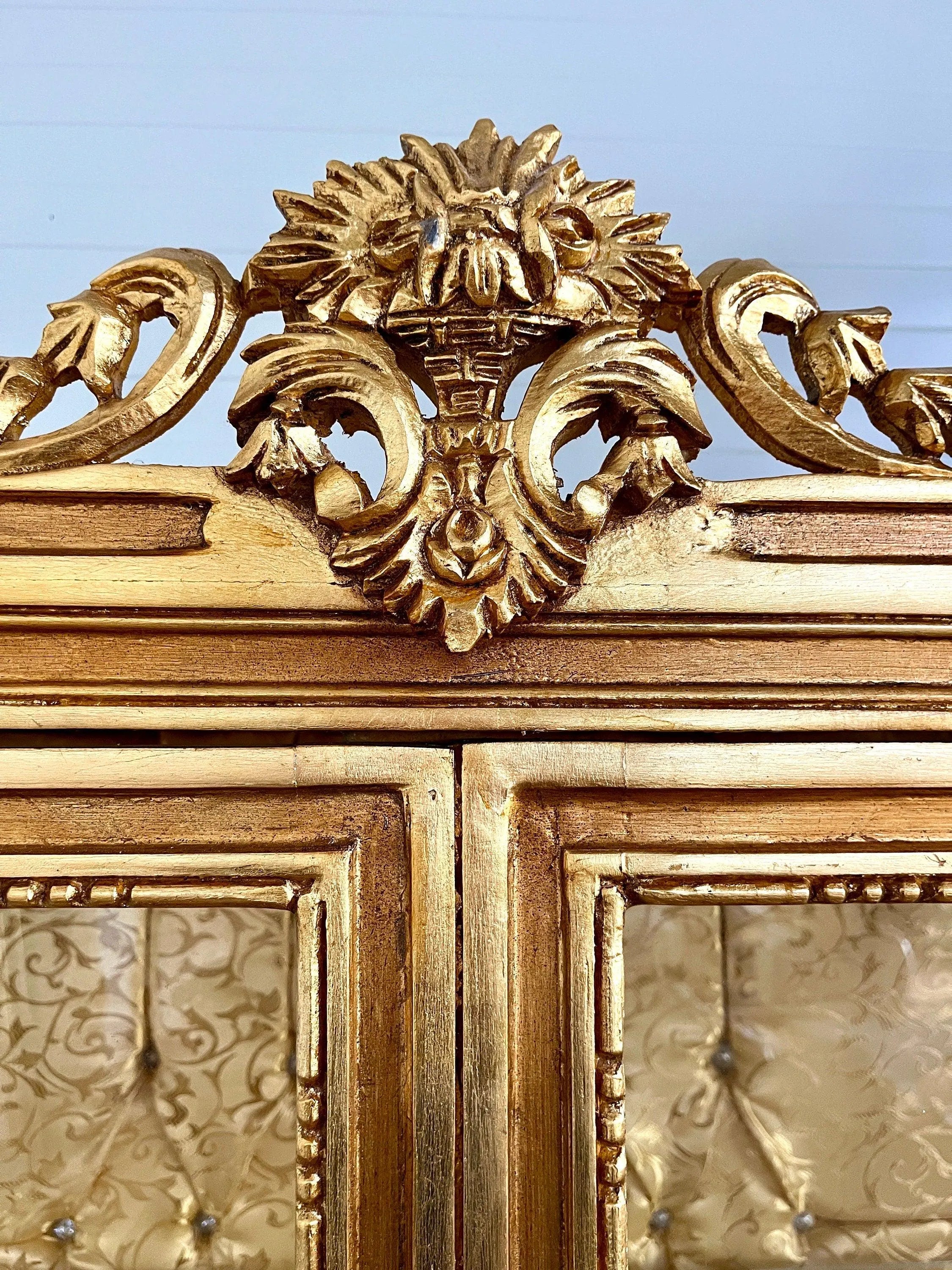French Louis Style Display Glass Cabinet Gold Finish Hand-Carved Wood