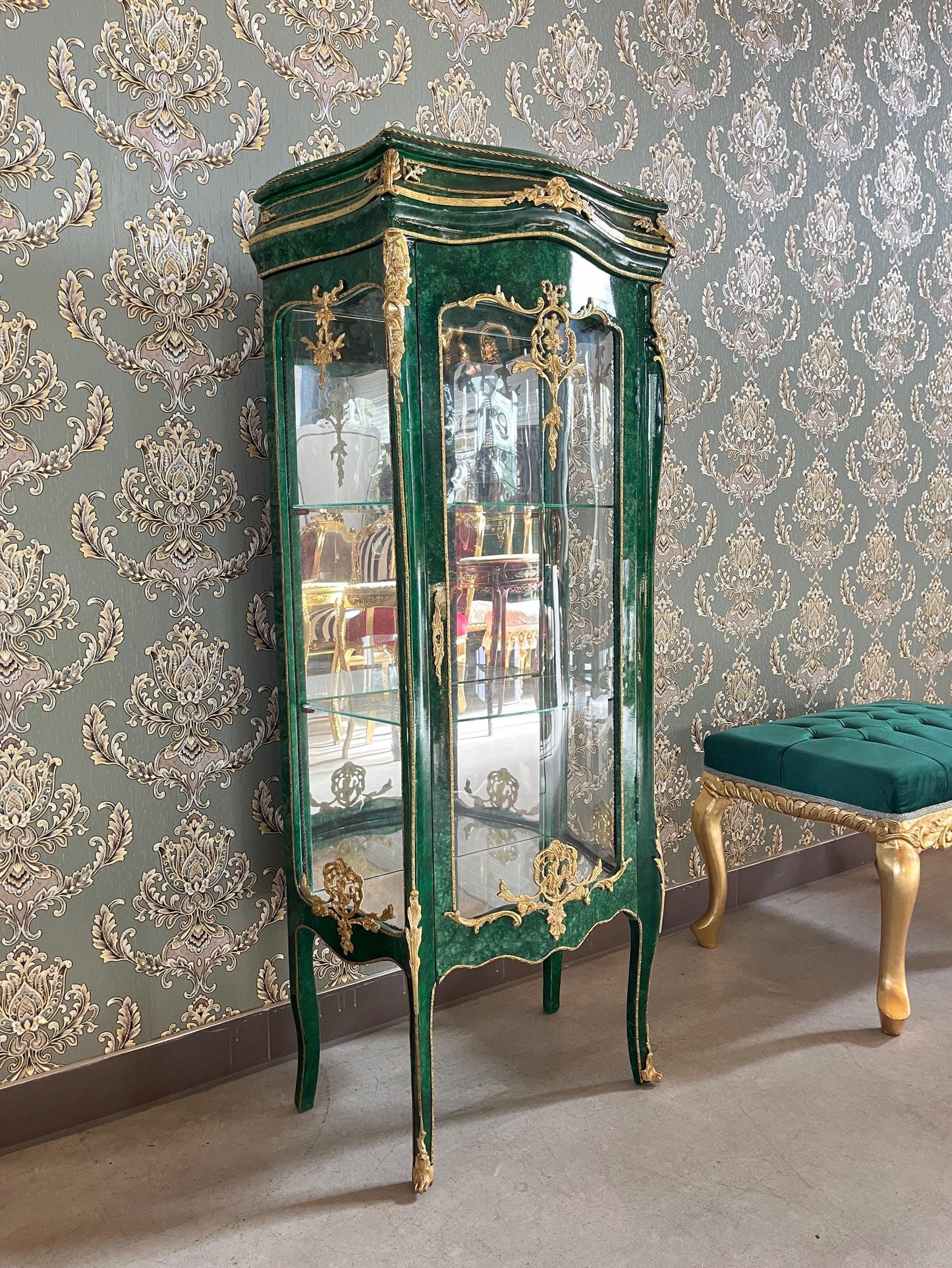 Display Cabinet Middle Size in Emerald Green French Baroque Royal Style Marble Slab Top Showcase Home Decor Xmas Gift - LIMITED EDITION