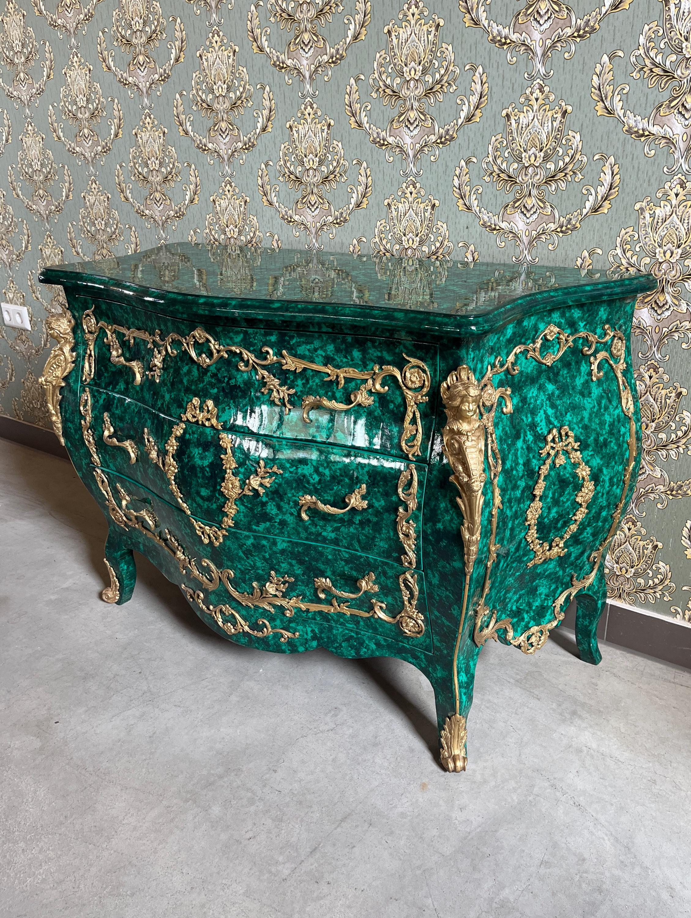 Deluxe Chest of Drawer Louis XV Style in Emerald Green Antique Royal Style Dresser with Bronze Ornaments for Bedroom Decor- LIMITED EDITION