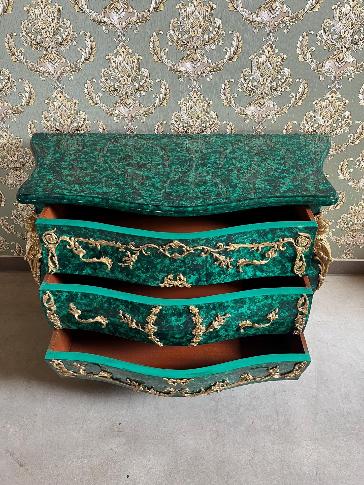 Deluxe Chest of Drawer Louis XV Style in Emerald Green Antique Royal Style Dresser with Bronze Ornaments for Bedroom Decor- LIMITED EDITION