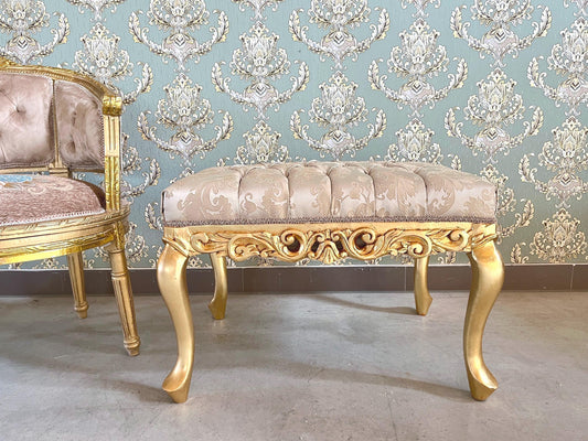 Small Square Bench Retro Baroque Rococo Style Ottoman in Beige Colour Flower Pattern Jacquard Damask in Gold Finish for Home Deco Xmas Gift