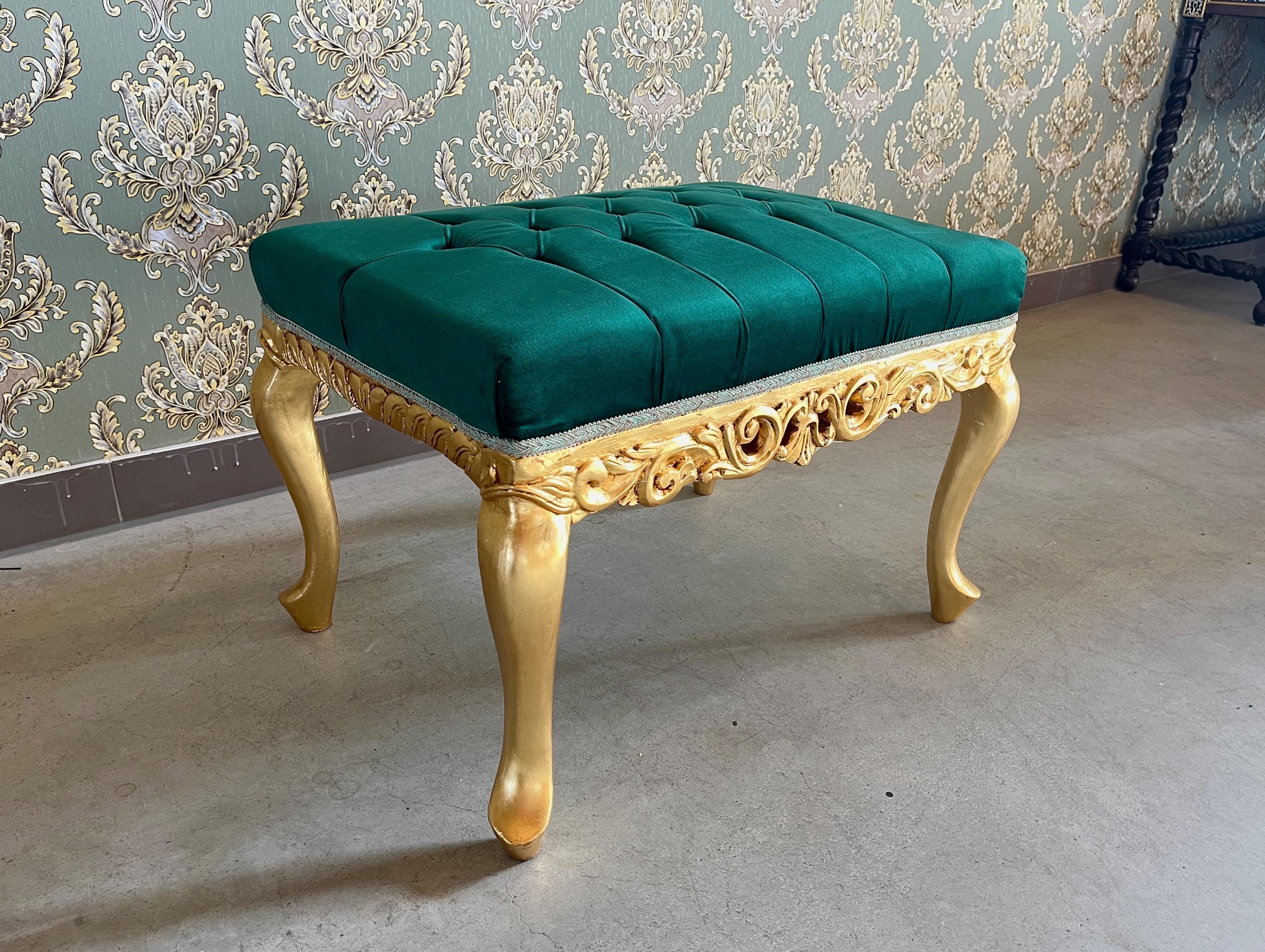 Small Bench Retro Baroque Rococo Style Ottoman in Xmas Green Velvet Gold Finish for Furniture Home Gift Xmas Gift for Home Decor