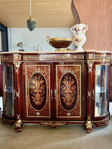 Wooden Cabinet in Nostalgic French Antique Style with Marble Slab at Top Display Cabinet Retro Baroque Style Glass Showcase Cabinet