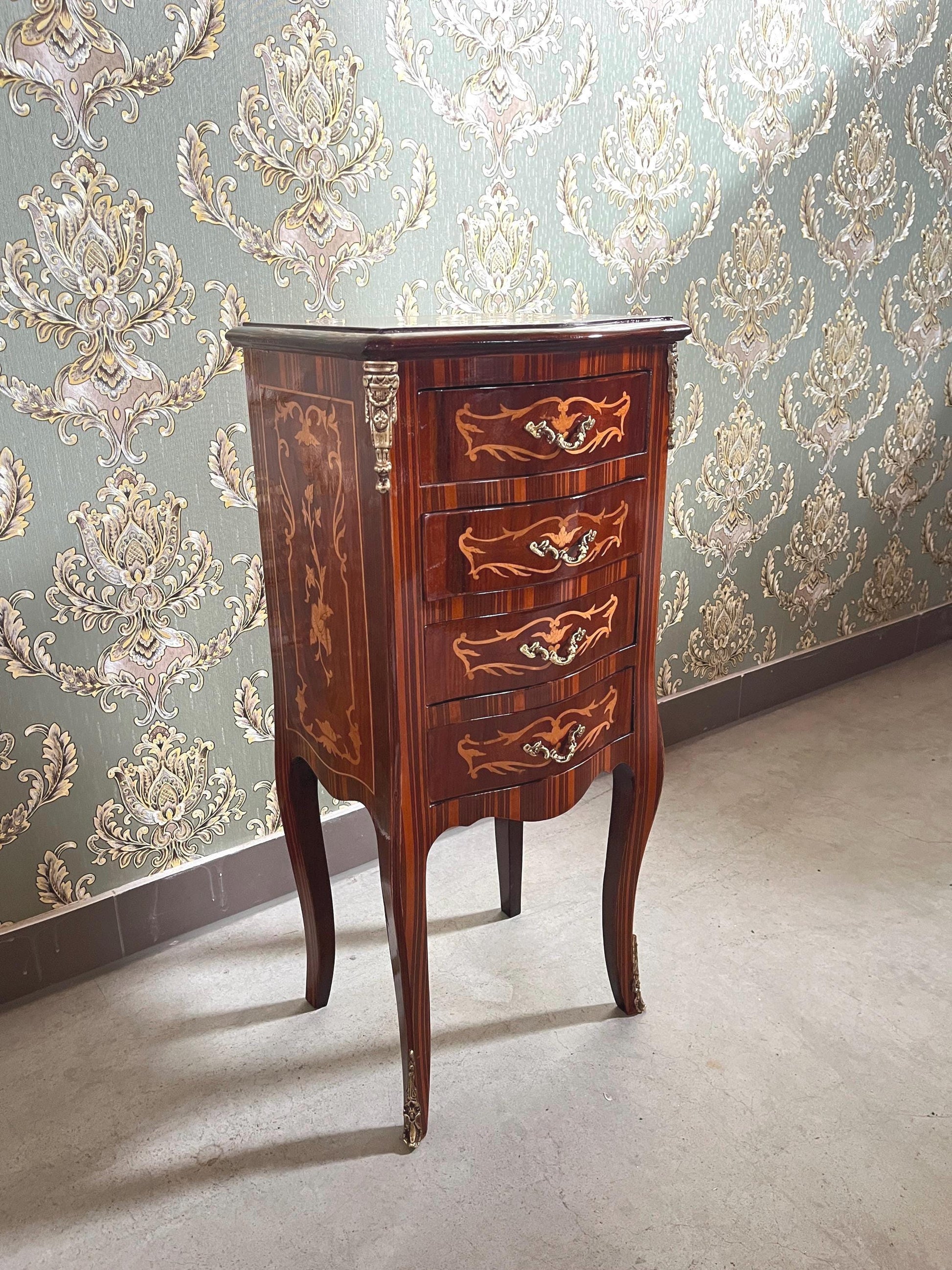 Small Night Stand French Antique Style Small Chest of Drawer Retro Baroque Style in Brown Kommode Home Decor Bedside Table for Bedroom Decor