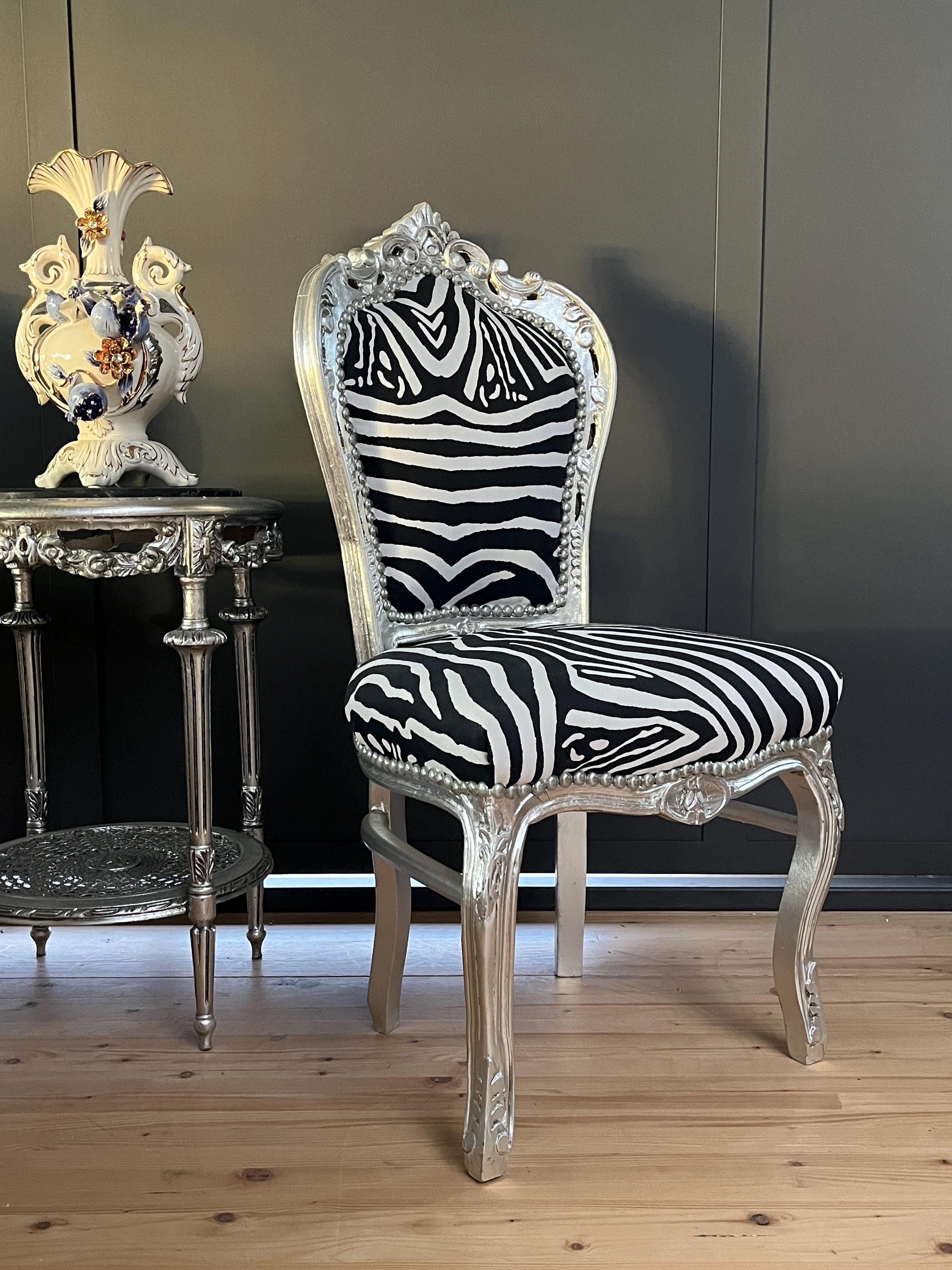 Accent Chair French Louis XV Chair in Zebra Print Dining Chair Silver Finish Handmade Baroque Rococo Chair for Home Party Event Décor