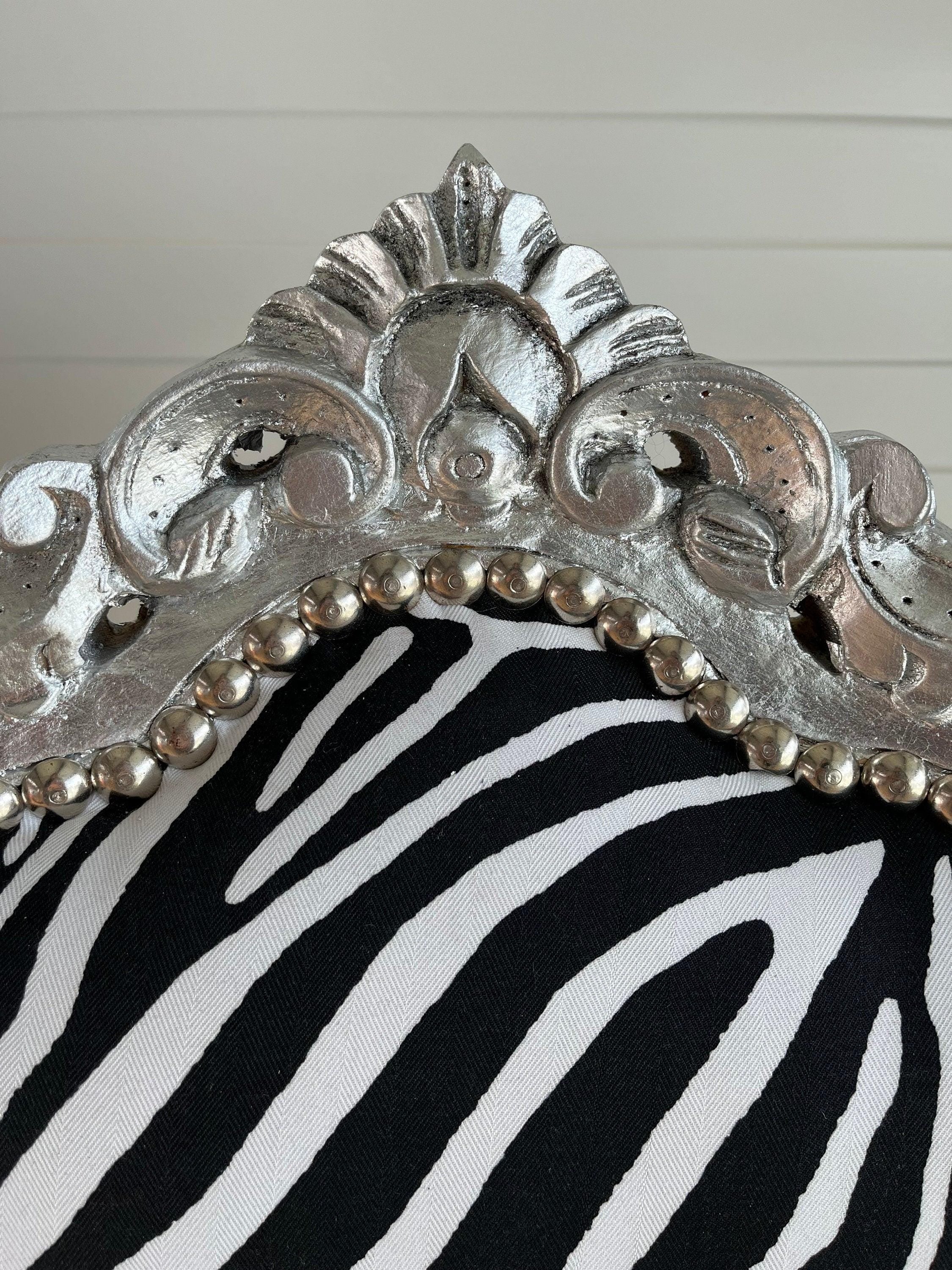 Accent Chair French Louis XV Chair in Zebra Print Dining Chair Silver Finish Handmade Baroque Rococo Chair for Home Party Event Décor