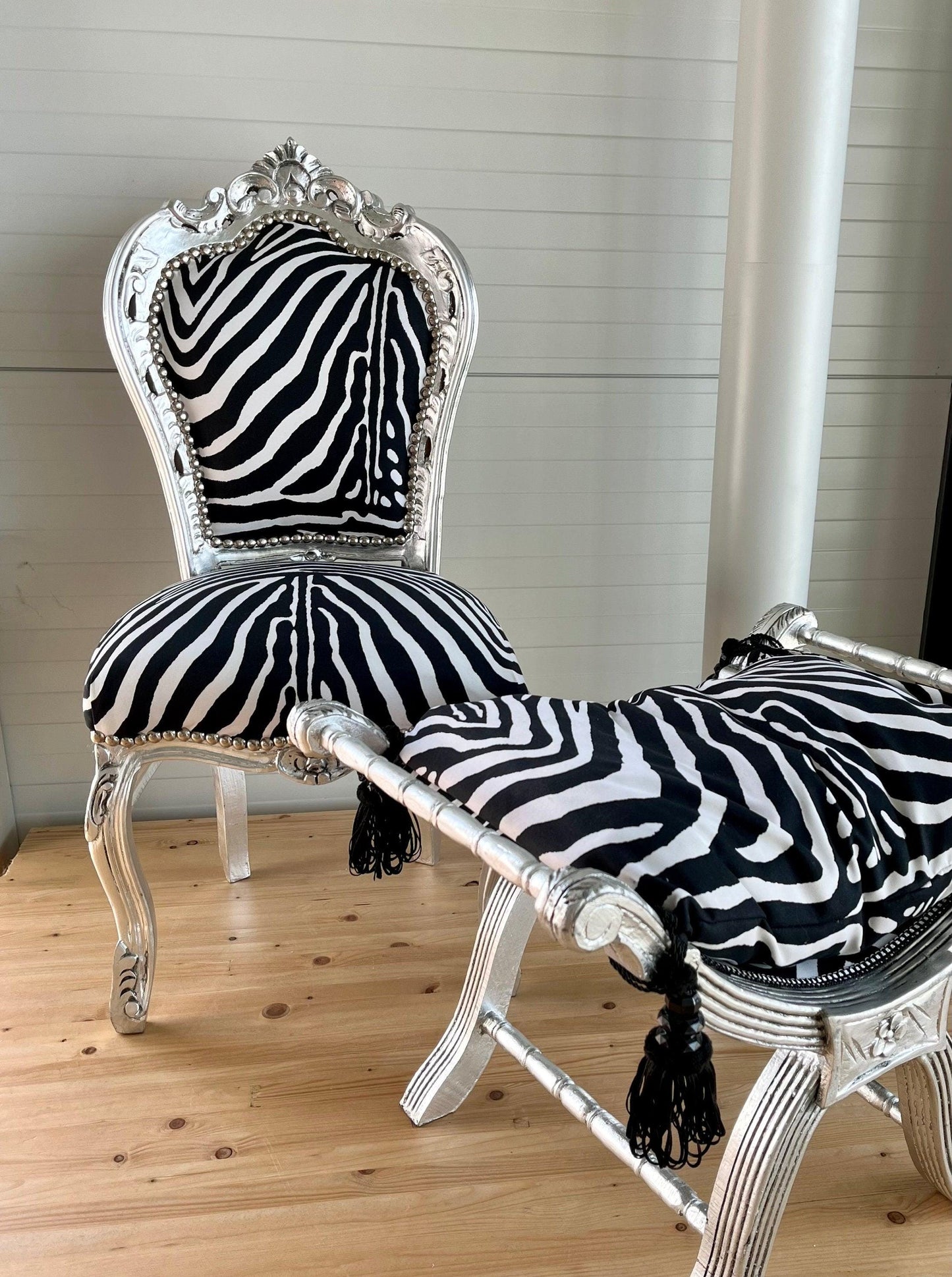 Accent Chair French Louis XV Chair in Zebra Print Dining Chair Silver Finish Handmade Baroque Rococo Chair for Home Party Event Décor