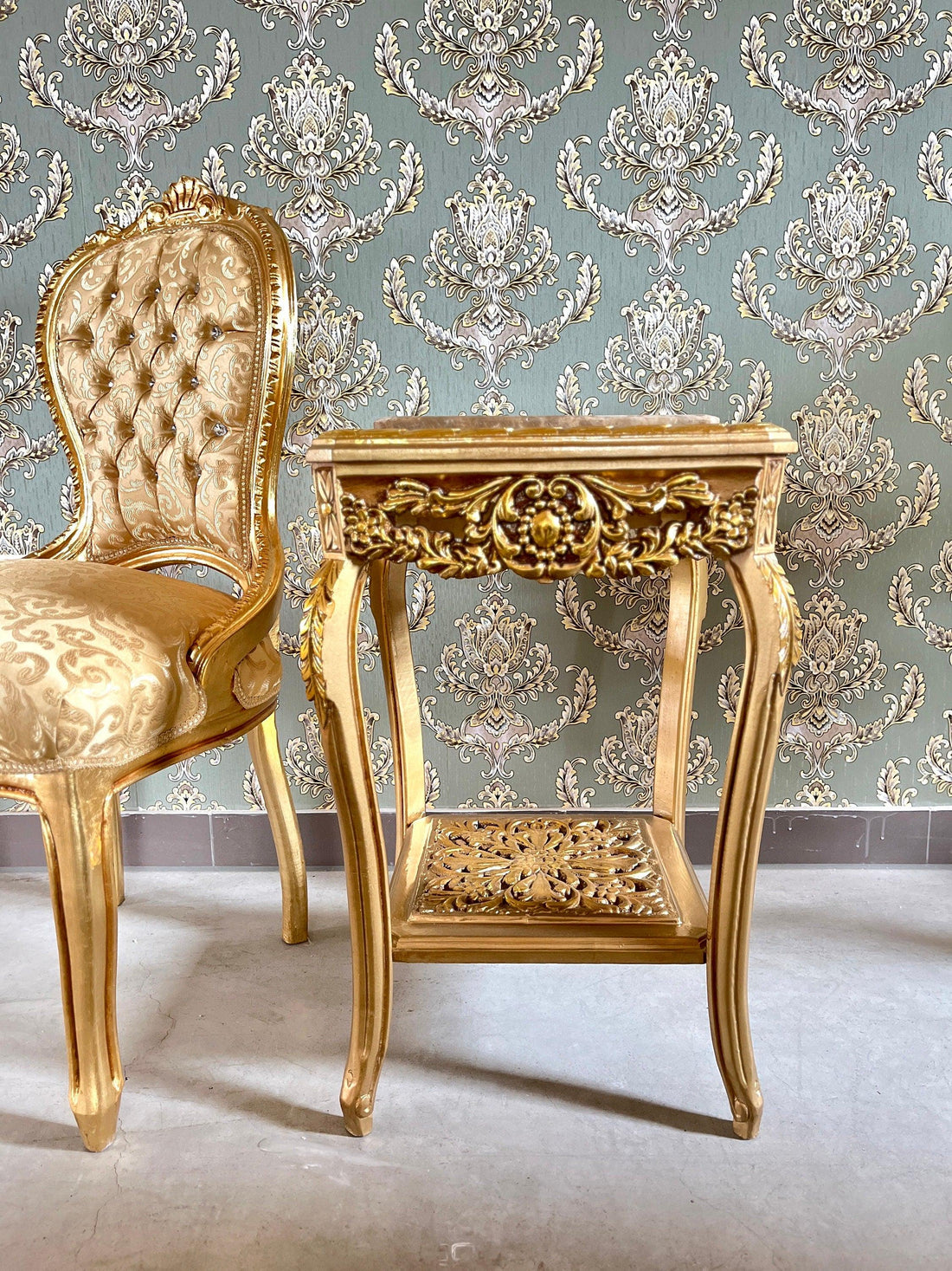 Square Side Table Marble Top in Retro Baroque Rococo Style in Beige or Gold Finish