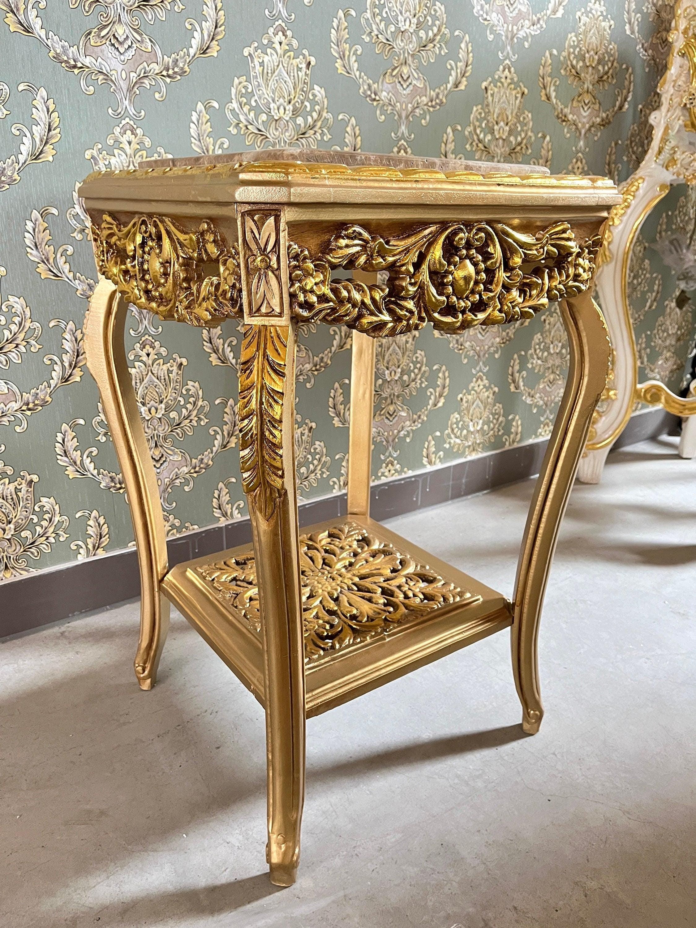 Square Side Table Marble Top in Retro Baroque Rococo Style in Beige or Gold Finish
