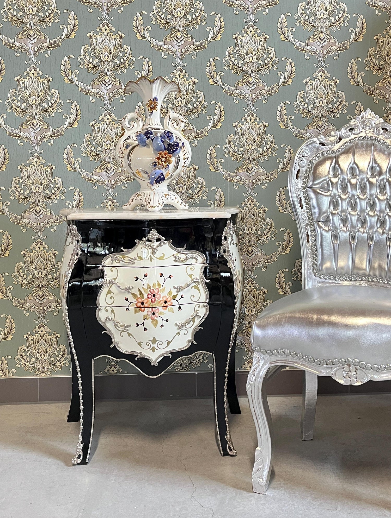 Baroque Nightstand: Hand-Painted Floral Accent, French Antique Style