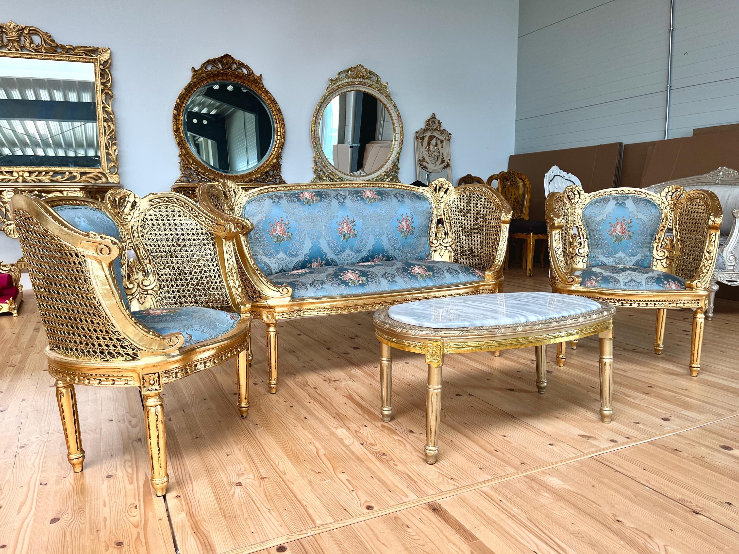 Sofa Set Royal Baroque Style in Blue Floral Damask Retro Rococo Couch Set in Gold Finish for Lounge Room Decor Party Event TV Movie Shooting
