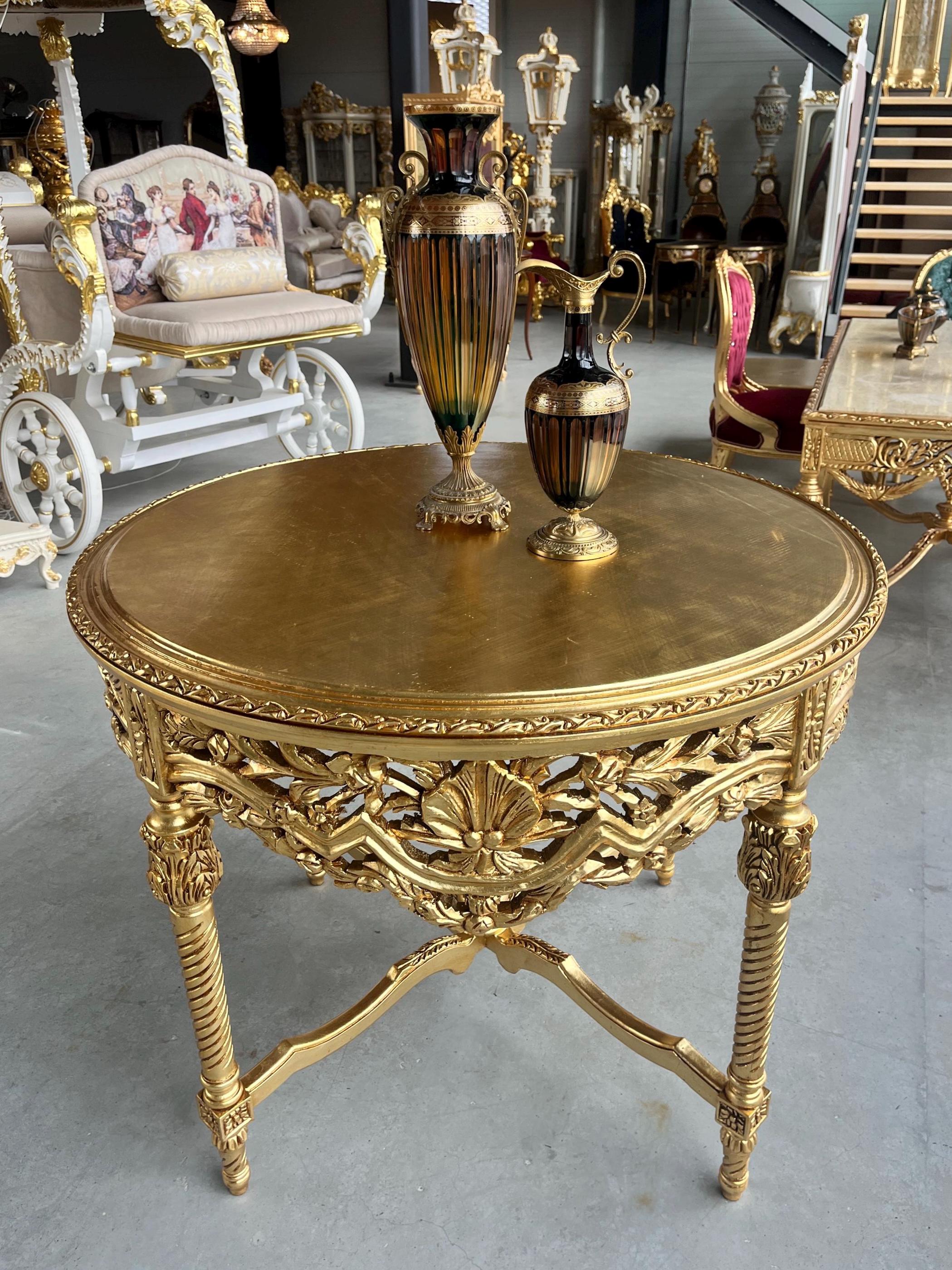Dining Table in Gold Finish French Baroque Style Round Table Handmade Antique Style for Dining Room Decor