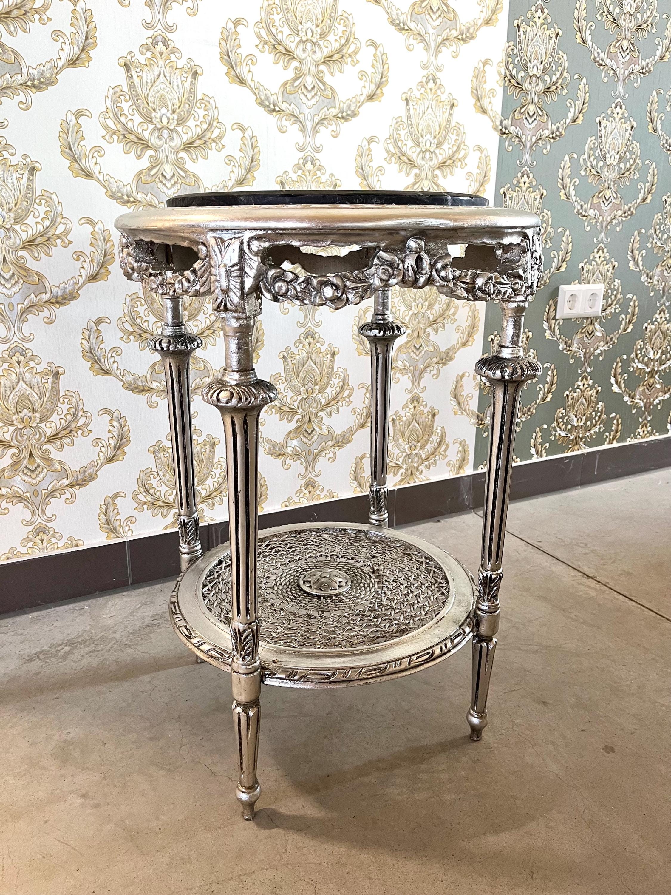Side Table French Baroque Style with Marble Top Side Table Antique Style Silver Finish Home Decor Side Table