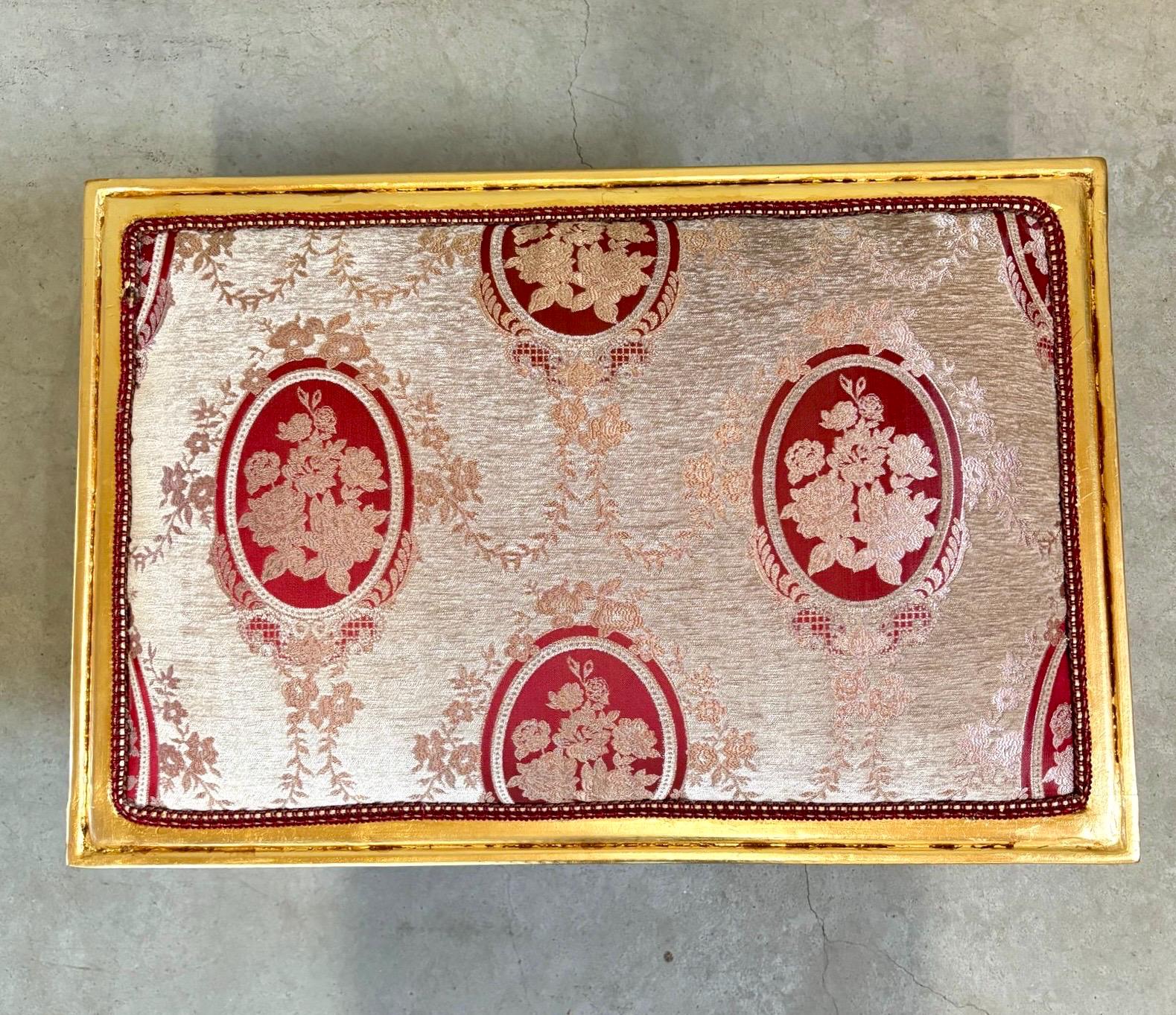 Baroque Ottoman Stool: Gold Finish, Floral Jacquard Fabric