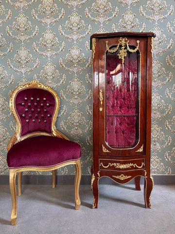 Wooden Display Cabinet French Antique Style Brown Showcase Retro Baroque Glass 3-Shelf Cabinet Bordeaux Fabric at Back for Home Decor