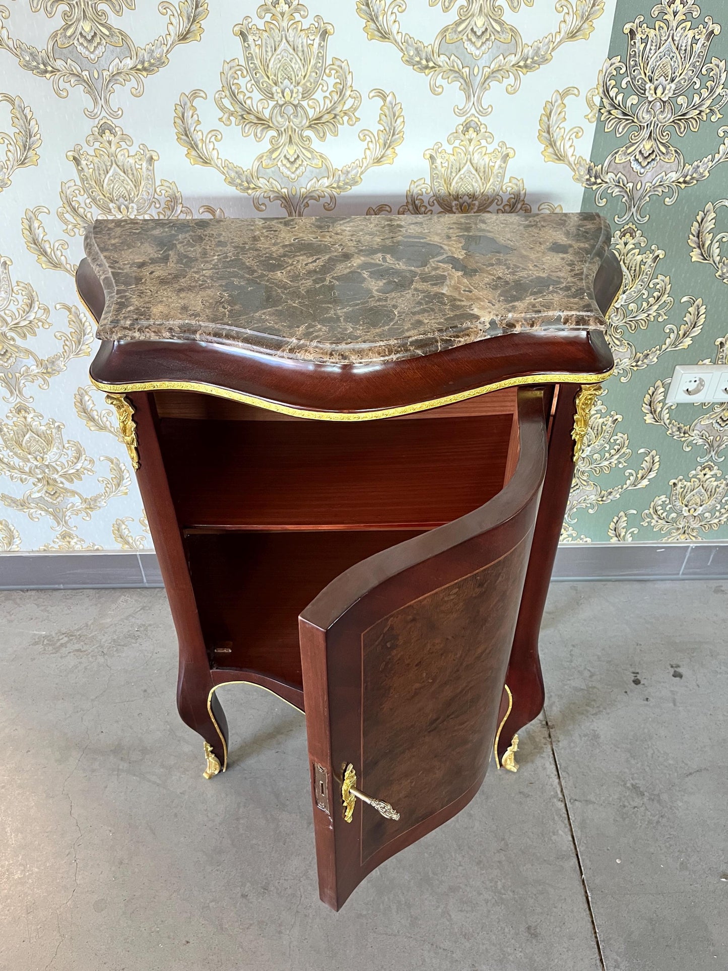 Wooden Cupboard Classic Baroque Cabinet With Brown Marble Top Retro Italian Style Console Table Handmade for Home Decor Living Room Decor
