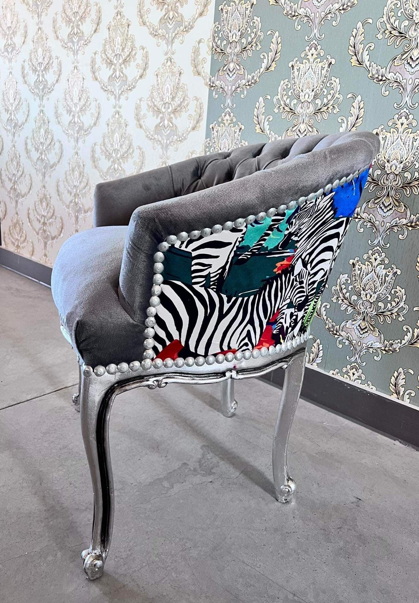 Cocktail Chair Tufted Velvet French Baroque Rococo Style in Animal Jungle Print Colorful Armchair Velvet Black Velvet Grey Lounge Bar Chair