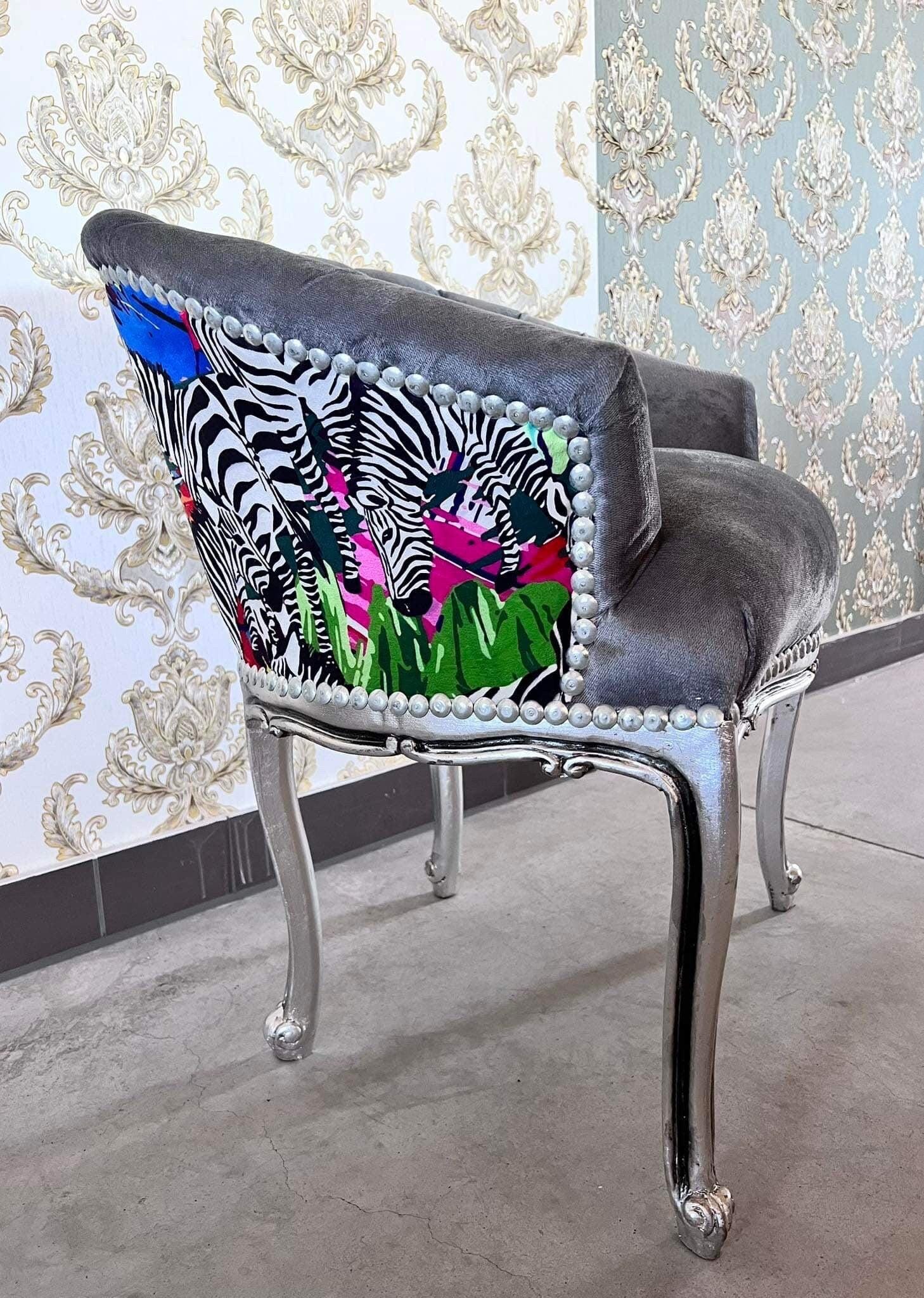 Cocktail Chair Tufted Velvet French Baroque Rococo Style in Animal Jungle Print Colorful Armchair Velvet Black Velvet Grey Lounge Bar Chair