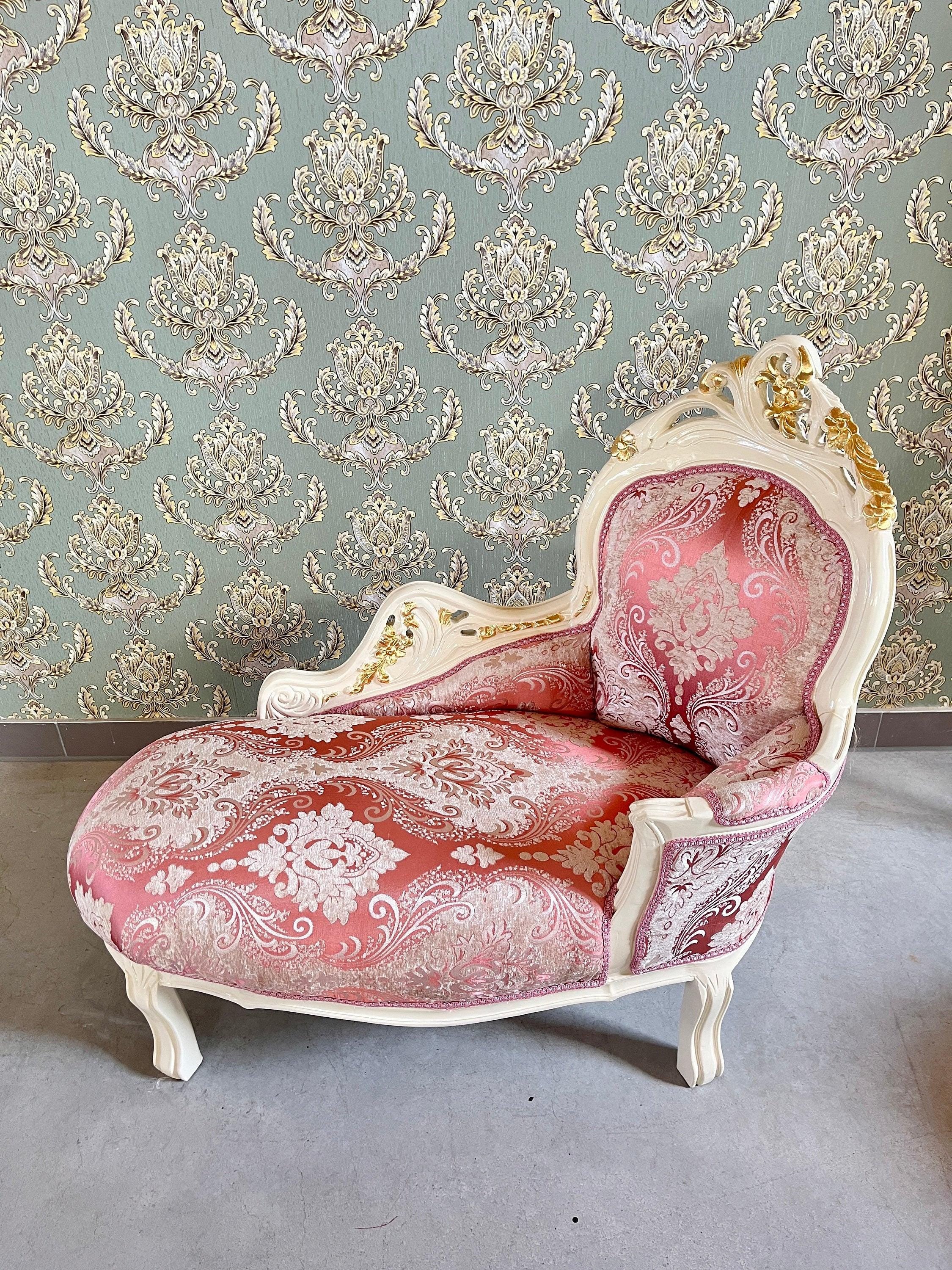 Small Chaise Longue French Louis Style in Flower Pattern Retro Baroque Style Bench in Velvet Green Velvet Pink for Home Decor