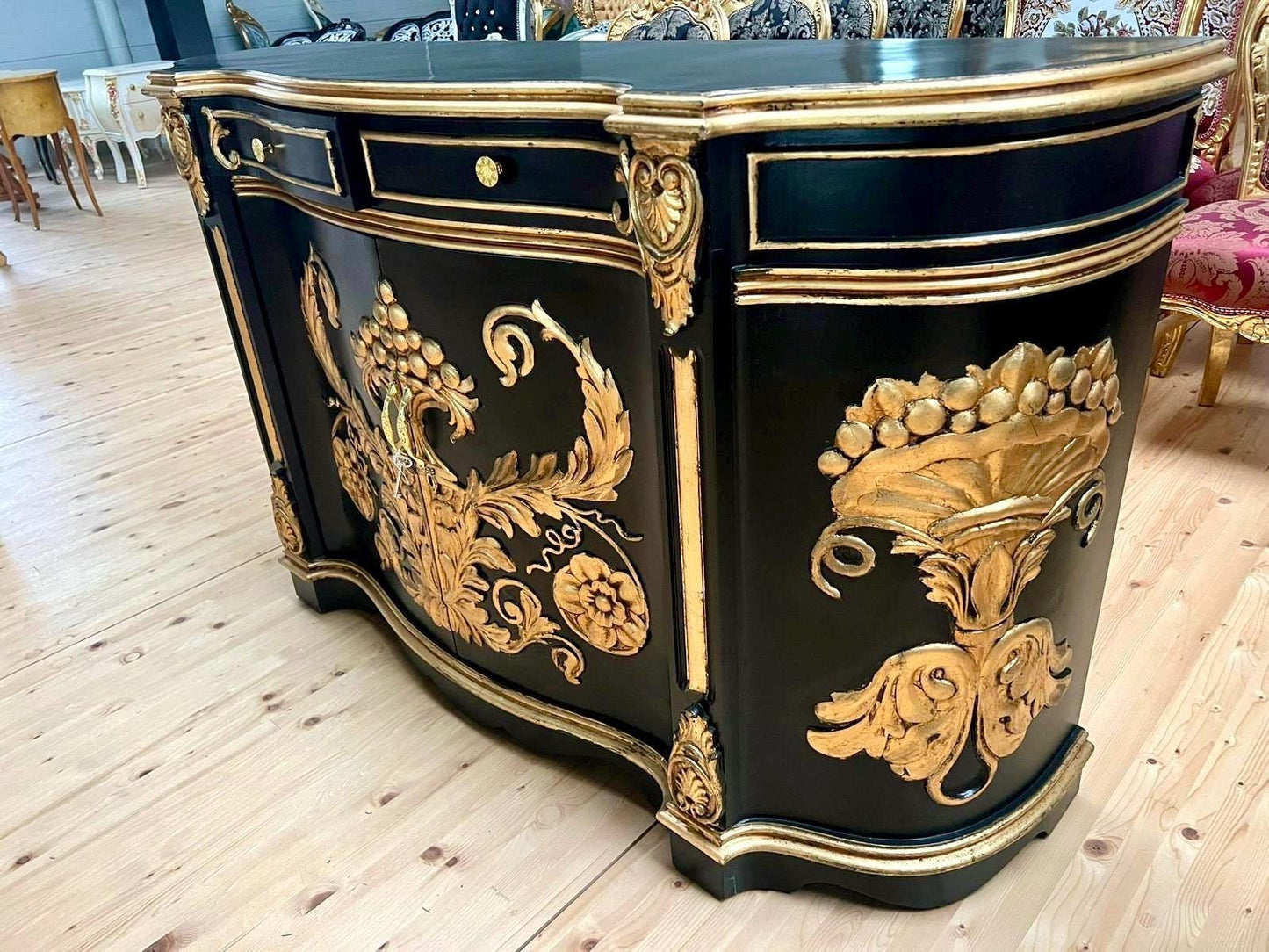Huge Wooden Cabinet Antique Rococo Style in Black White Royal Luxury Cupboard for Living Room Decor or Commercial Display