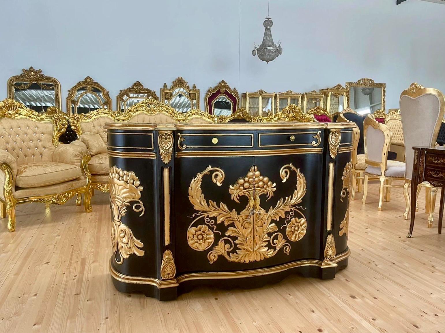 Huge Wooden Cabinet Antique Rococo Style in Black White Royal Luxury Cupboard for Living Room Decor or Commercial Display
