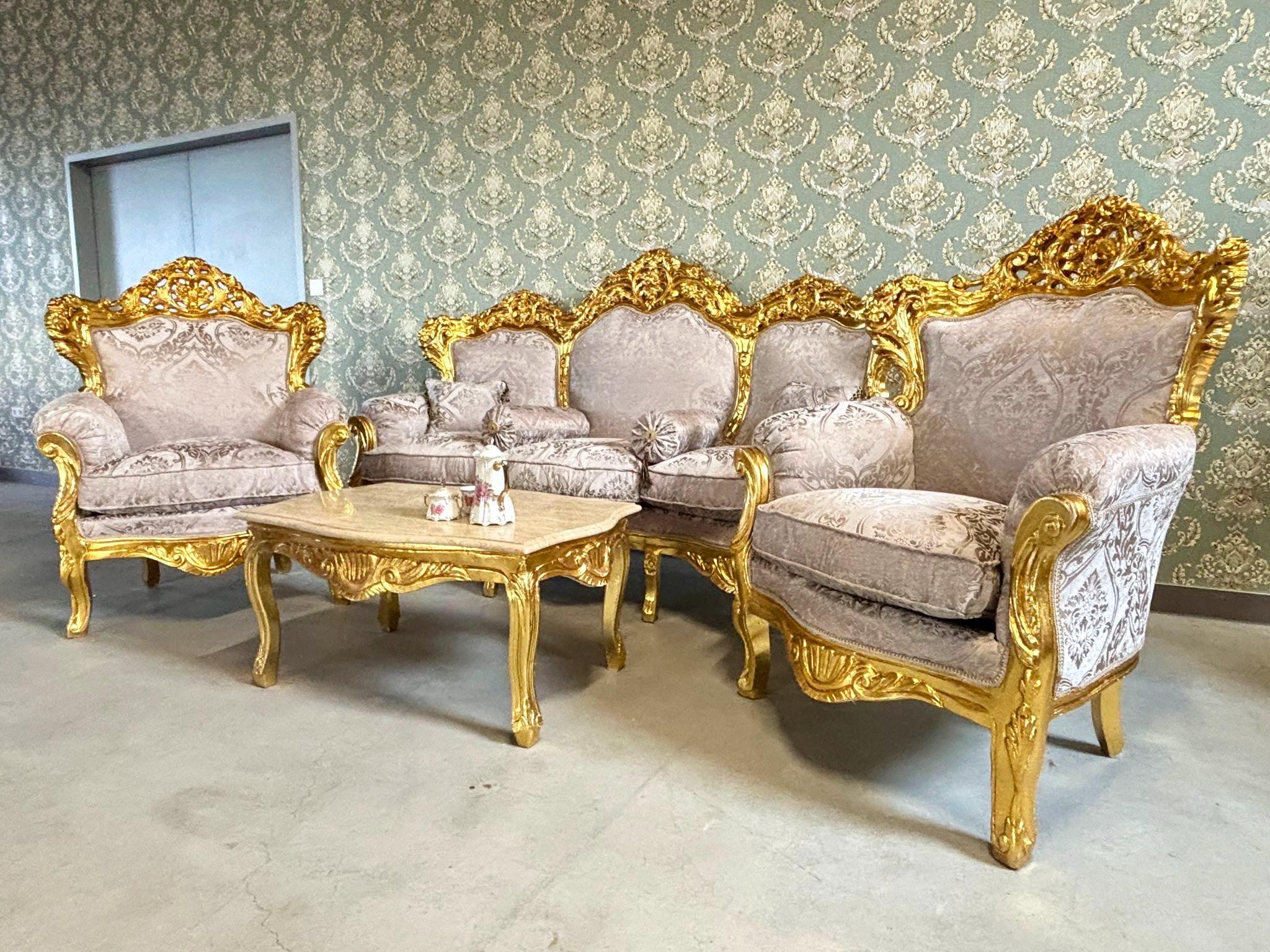 Sofa Set French Louis XV Style Tufted Velvet Dark Beige Color in Gold Finish Marble Top Coffee Table Retro Baroque Style Sofa Set
