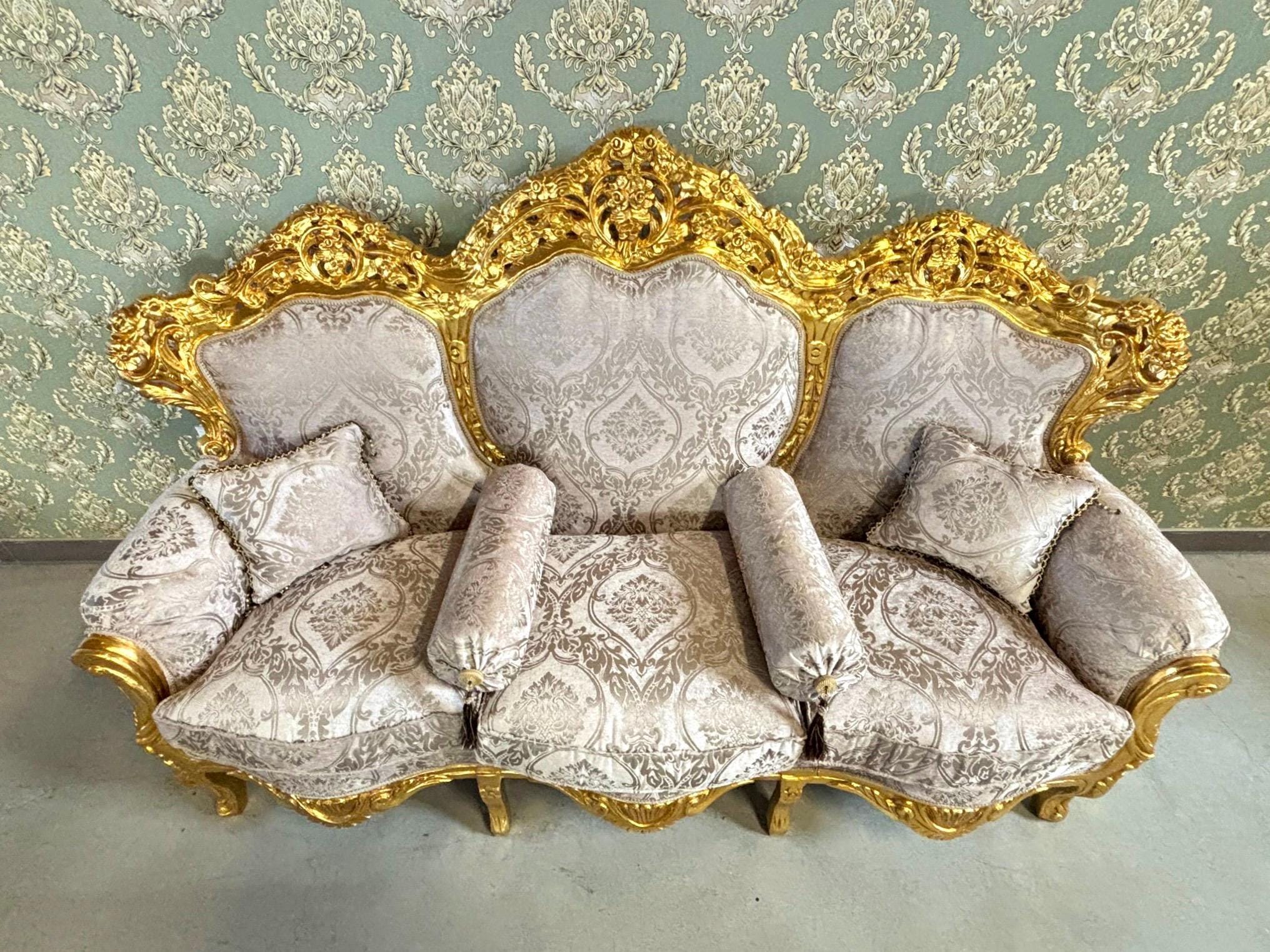 Sofa Set French Louis XV Style Tufted Velvet Dark Beige Color in Gold Finish Marble Top Coffee Table Retro Baroque Style Sofa Set