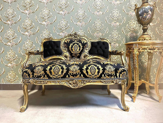 Love Seat Luxury Style 2-Seater Sofa in Black Gold Floral Damask Nostalgic Baroque Rococo Style Handmade Couch for Lounge Room Home Decor