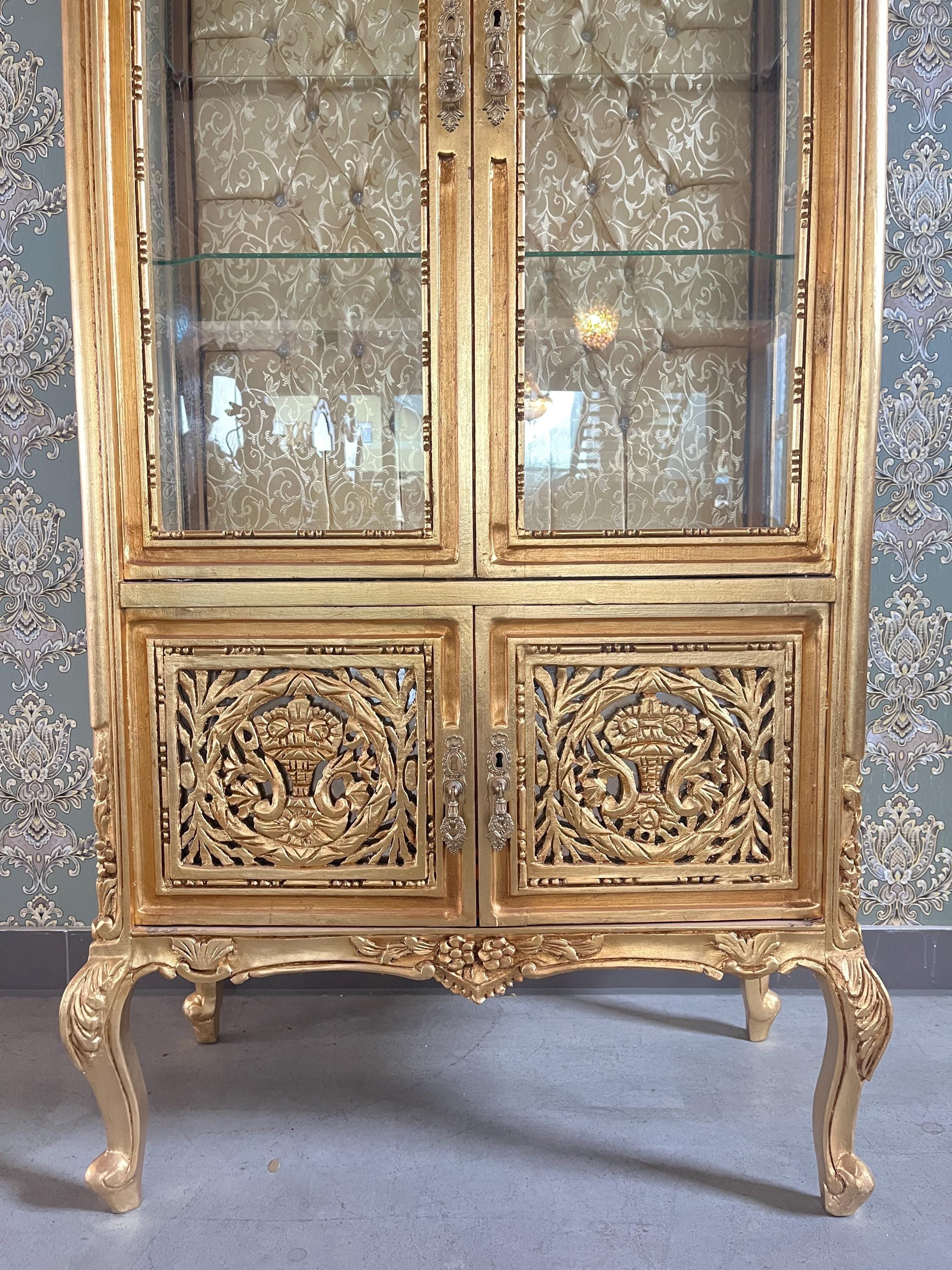Display Cabinet Wooden French Louis XV Style Showcase Antique Baroque Style Reproduction in Gold Finish