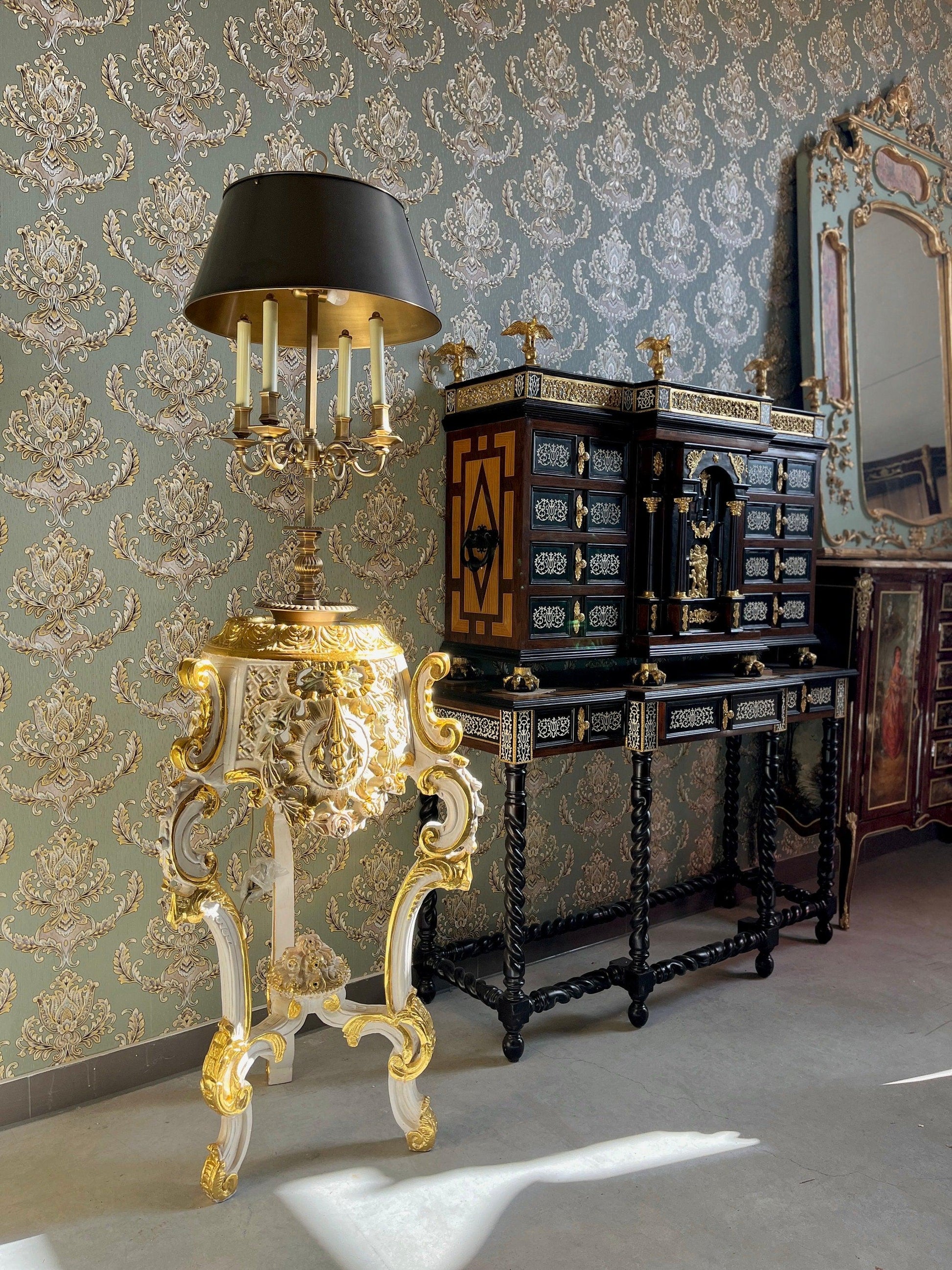 Deluxe Column French Baroque Style with Marble Slab Top Royal Home Decor Column in Gold Finish and Beige Marble