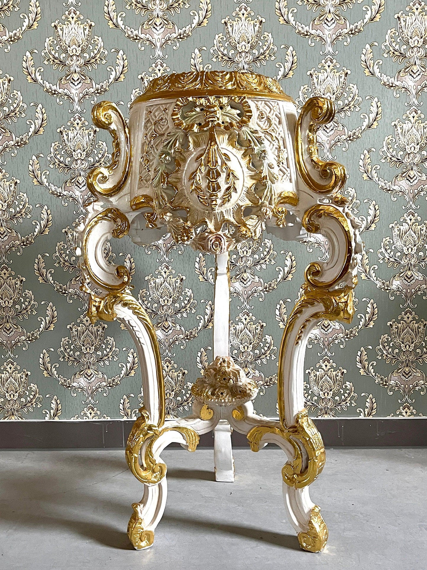 Deluxe Column French Baroque Style with Marble Slab Top Royal Home Decor Column in Gold Finish and Beige Marble